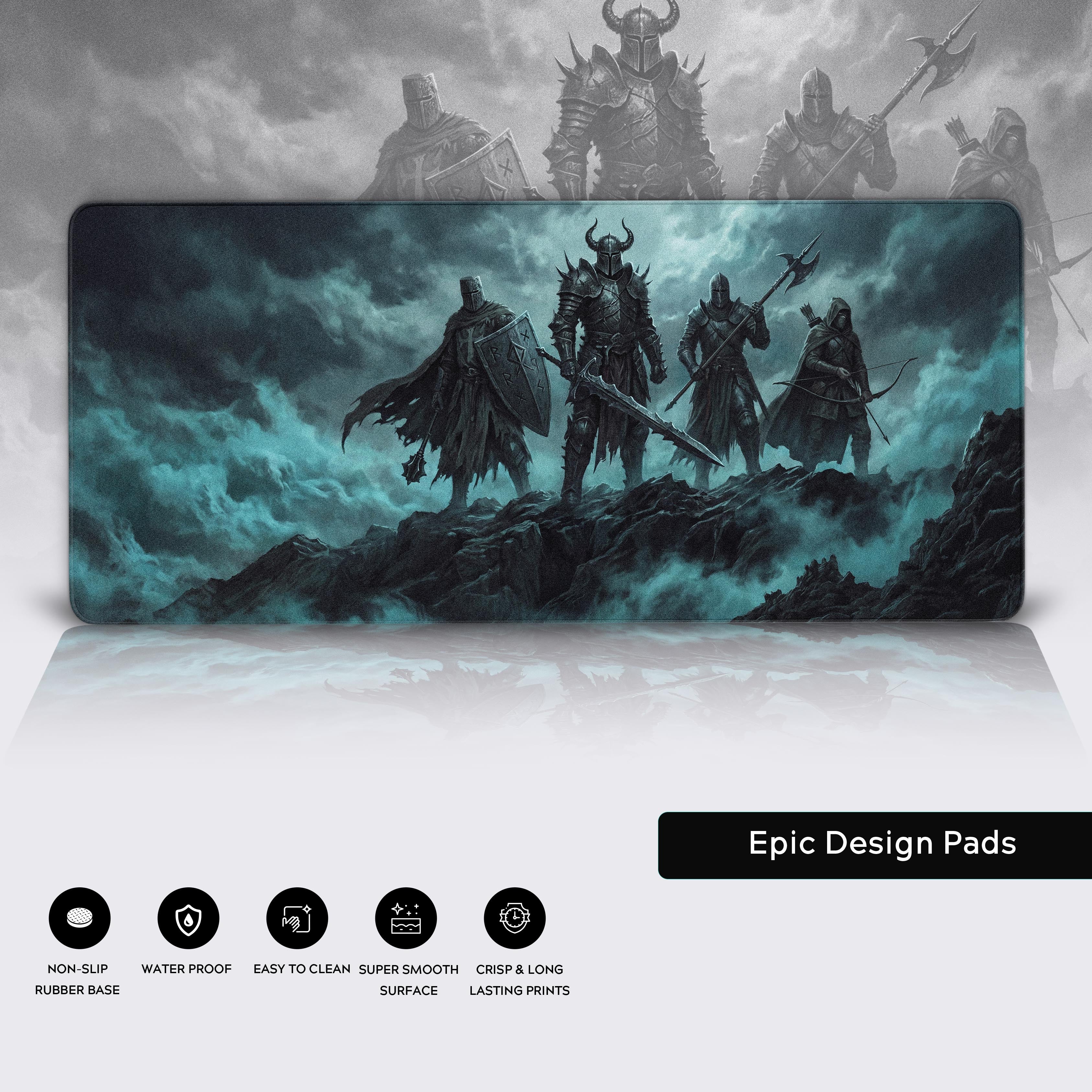Full view of the Dark Vanguard extended mouse pad showcasing its crisp, long-lasting print and non-slip rubber base.
