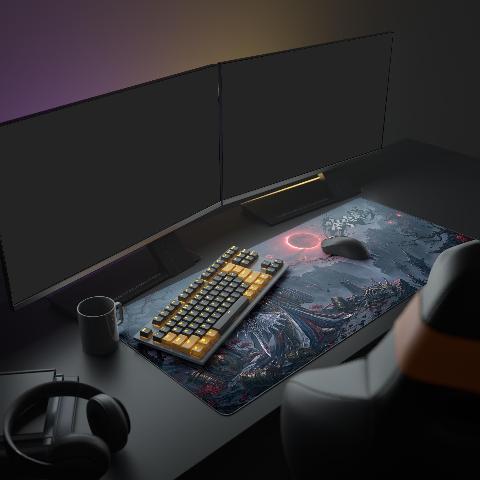 Close-up of crimson magic and red spider lilies on an XL gaming mouse pad
