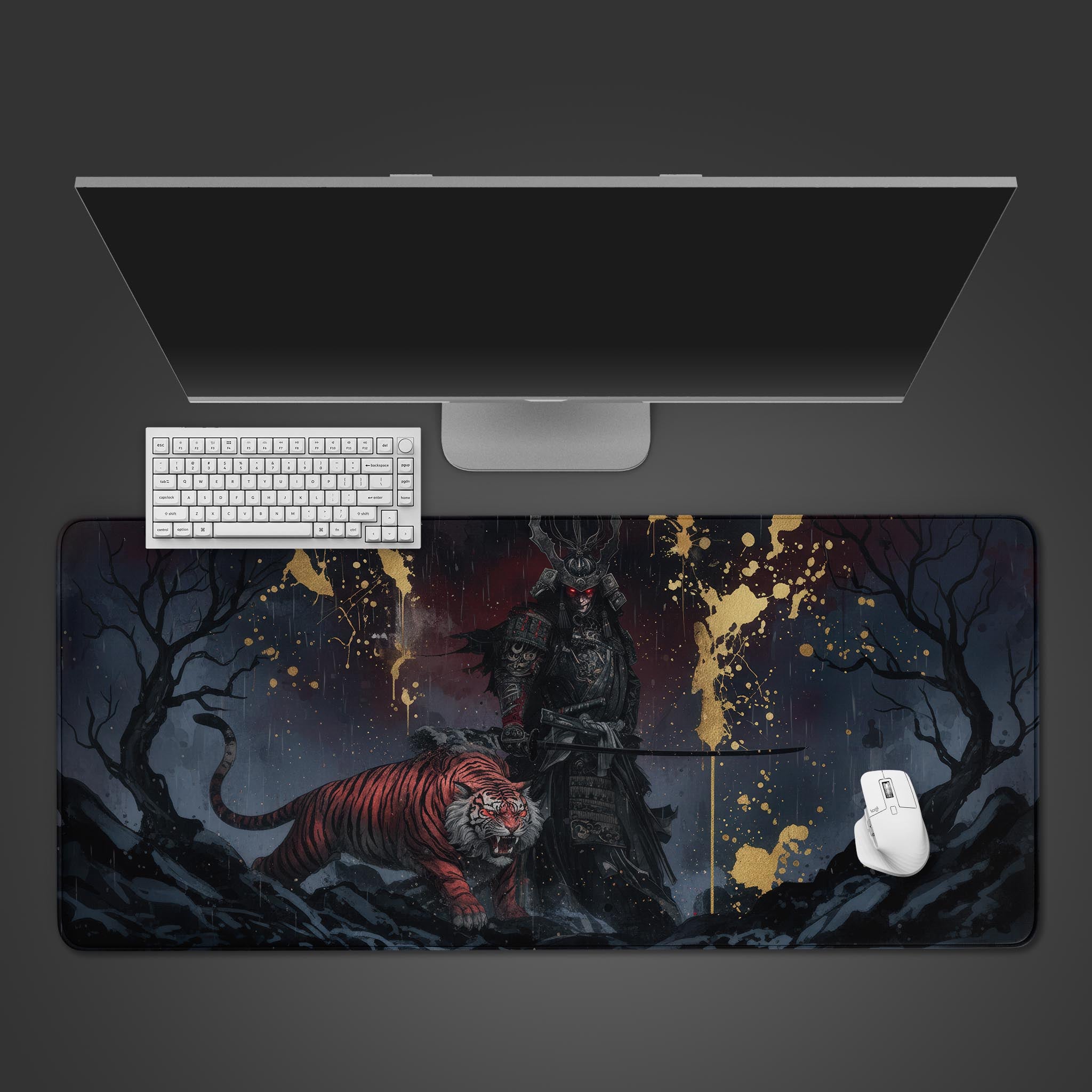 Death Pact gaming desk mat with dark fantasy warrior and tiger design, shown on a desk with a keyboard and mouse. - Epic Design Pads