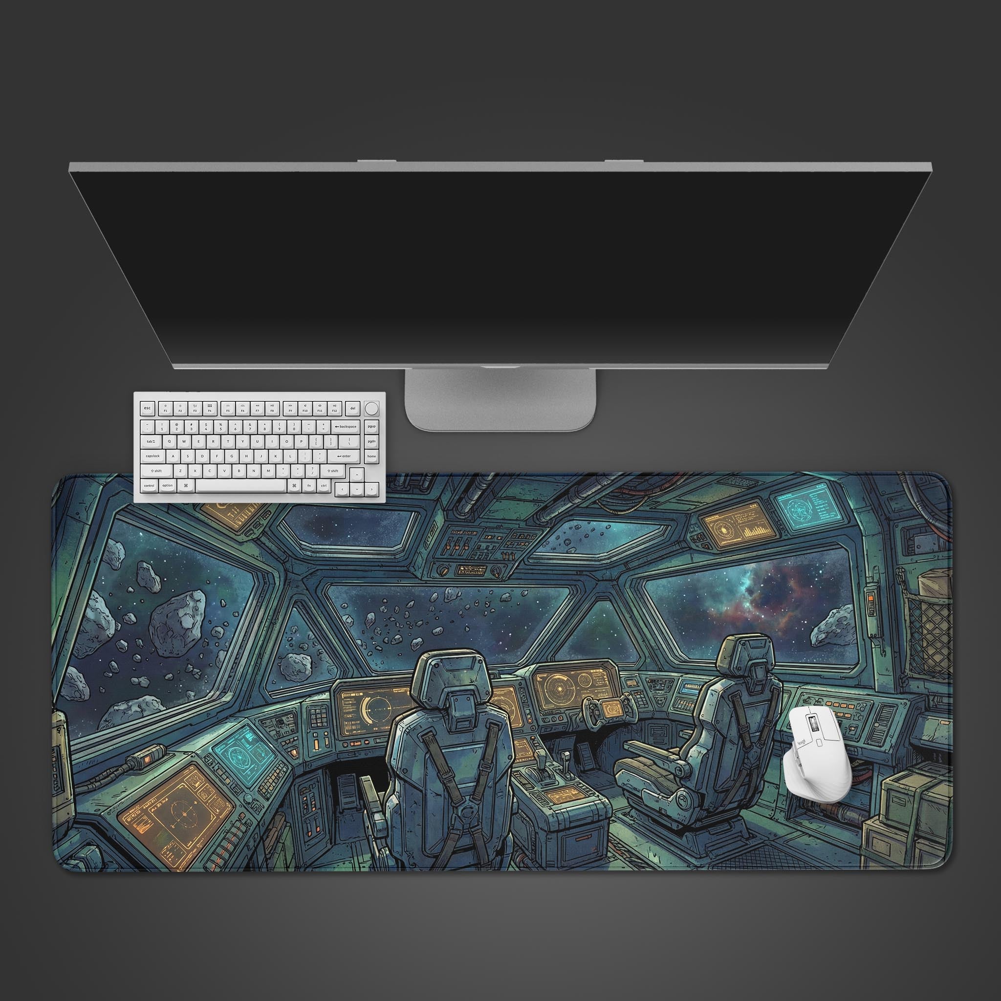 Deep Drift sci-fi desk mat with a retro spaceship cockpit design. Top-down desktop view showing a keyboard and mouse, ready for gaming or work. - Epic Design Pads & Mousepads