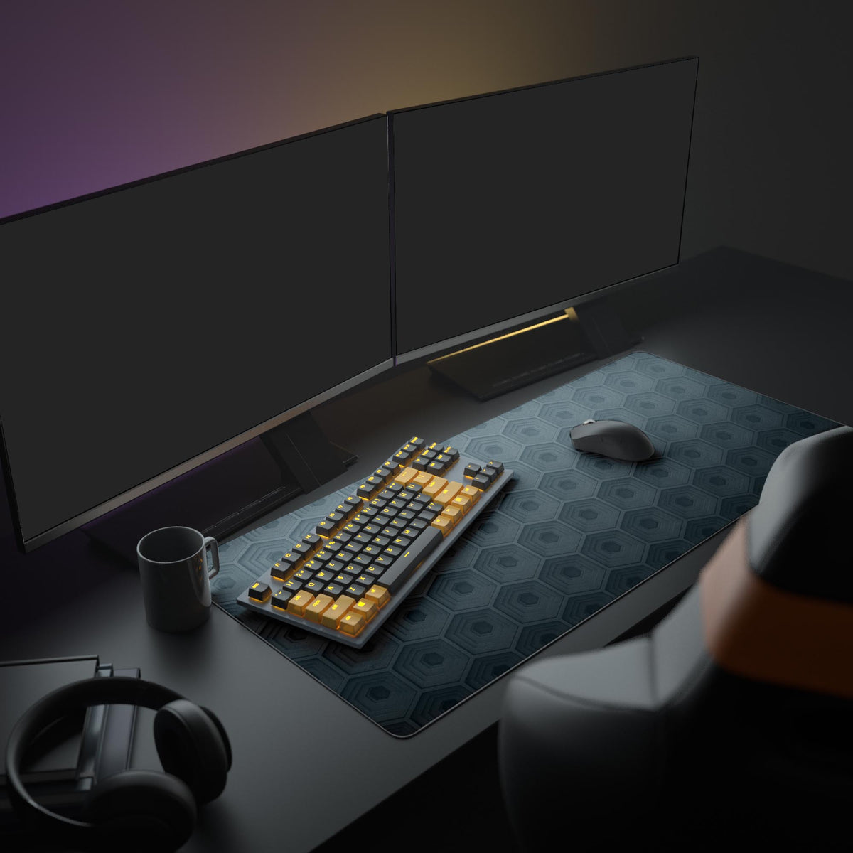 Large Deep Hive desk mat with 3D hexagon design shown in a modern office setup with dual monitors, mechanical keyboard, and headphones. - Epic Design Pads & Mousepads