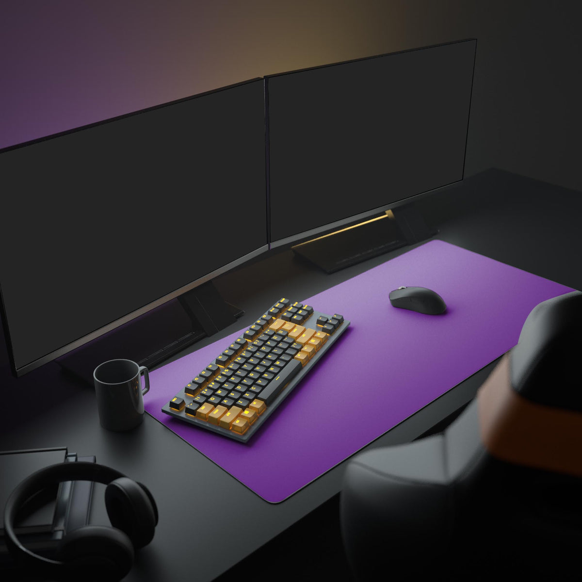 A modern PC setup featuring the Deep Violet XL mouse pad, with dual monitors, an illuminated gaming keyboard, and an ergonomic mouse. - Epic Design Pads & Mousepads
