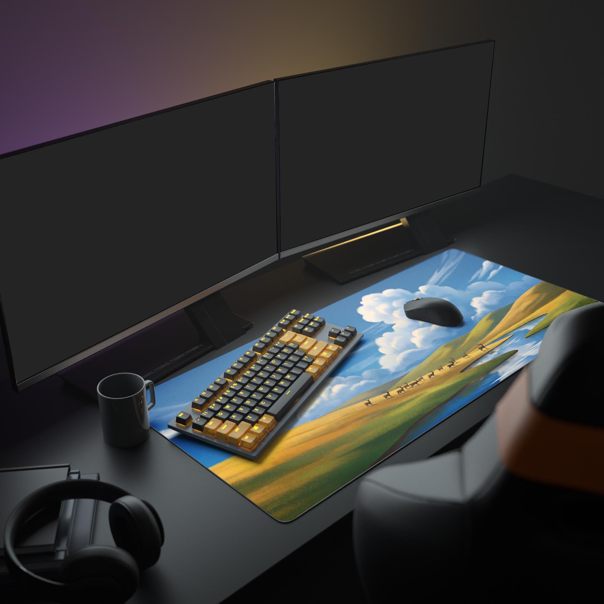 Close-up of the Rolling Plains desk mat showcasing the vibrant colors and detailed digital art style of the meadow and sky.