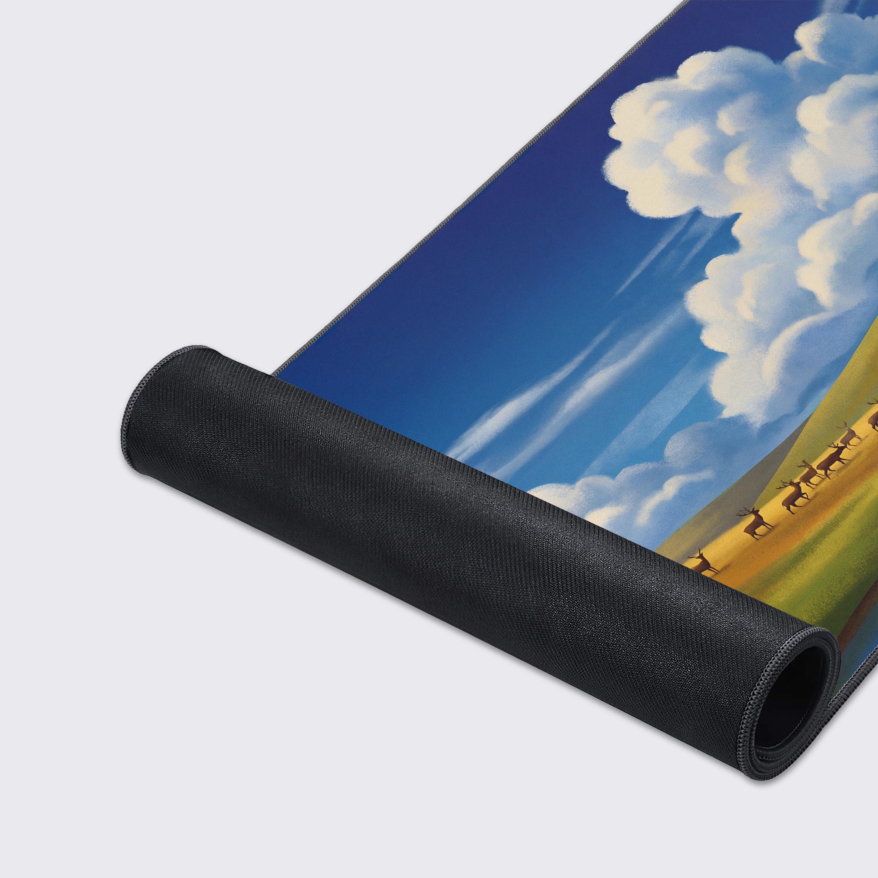 Infographic highlighting the features of the desk mat: non-slip rubber base, waterproof, easy to clean, super smooth surface, and crisp long-lasting prints.