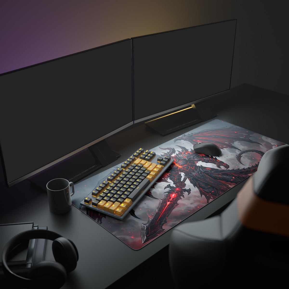Close-up detail of the demon's glowing red internal energy and jagged dark armor on the desk pad.