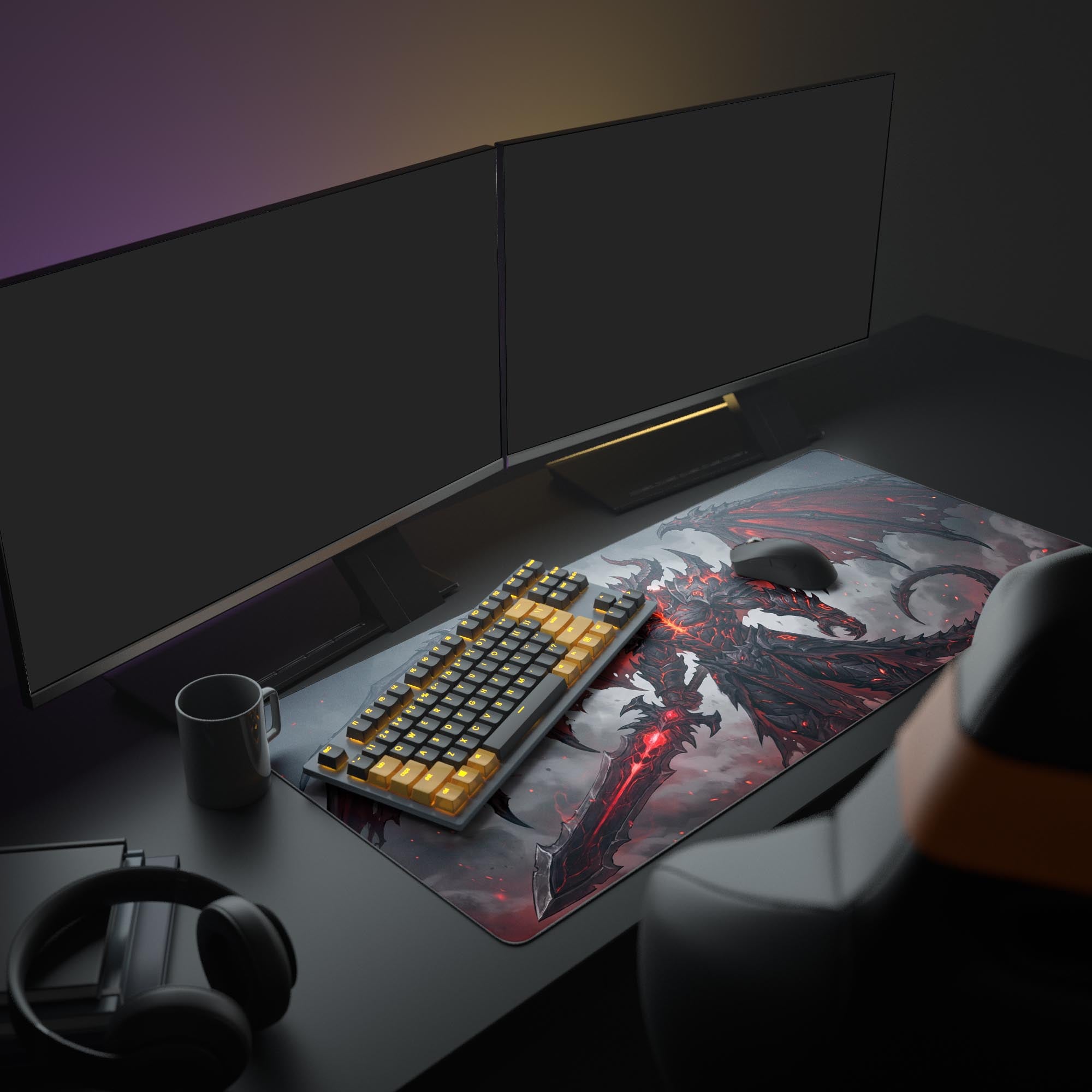 Close-up detail of the demon's glowing red internal energy and jagged dark armor on the desk pad.