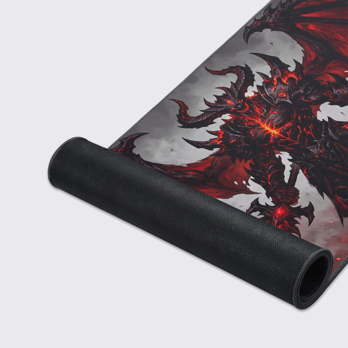 The lower section of the artwork showcasing the demonic entity's glowing broadsword and spiked tail.