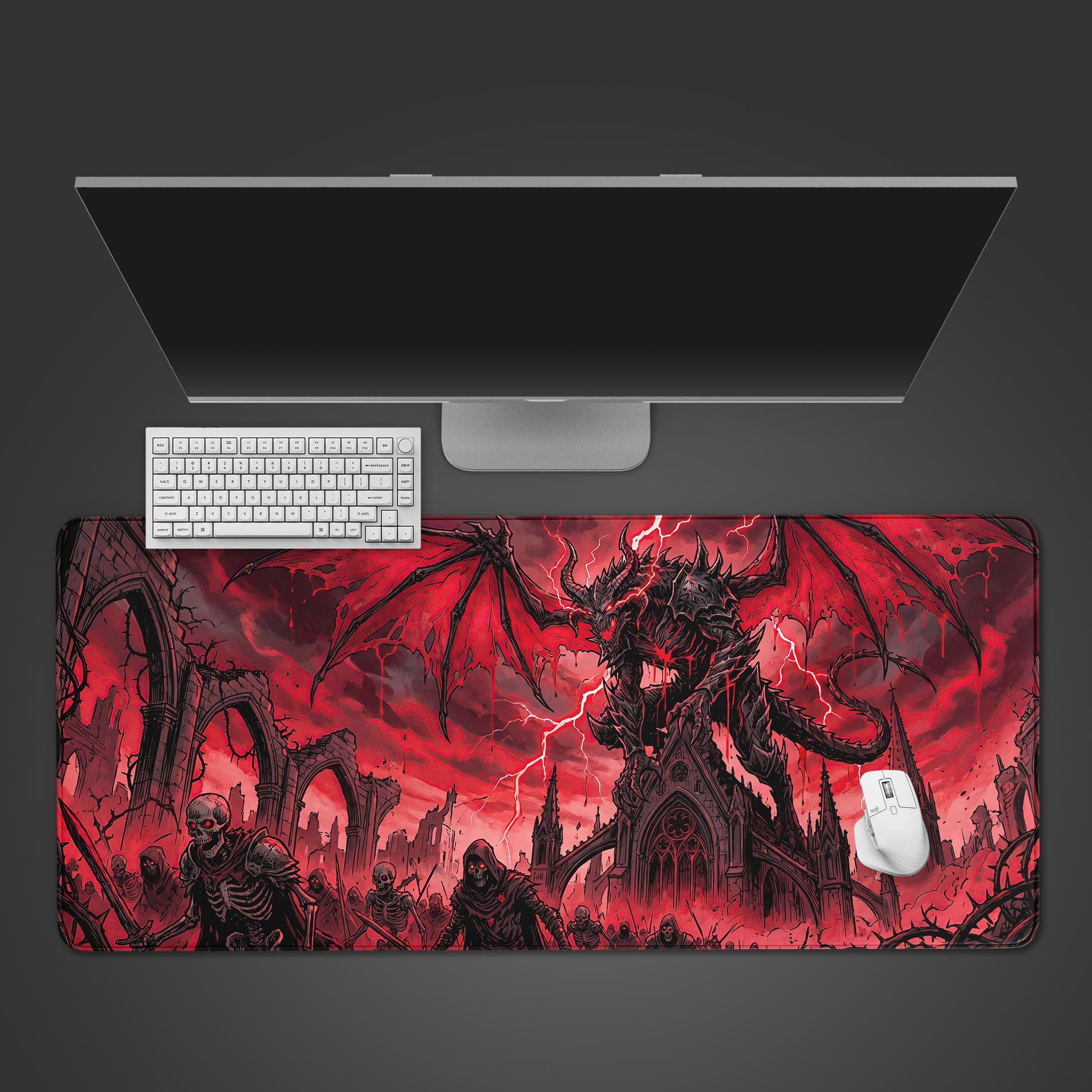 A dark fantasy desk mat featuring a demonic dragon perched on a gothic cathedral commanding an undead skeleton horde.
