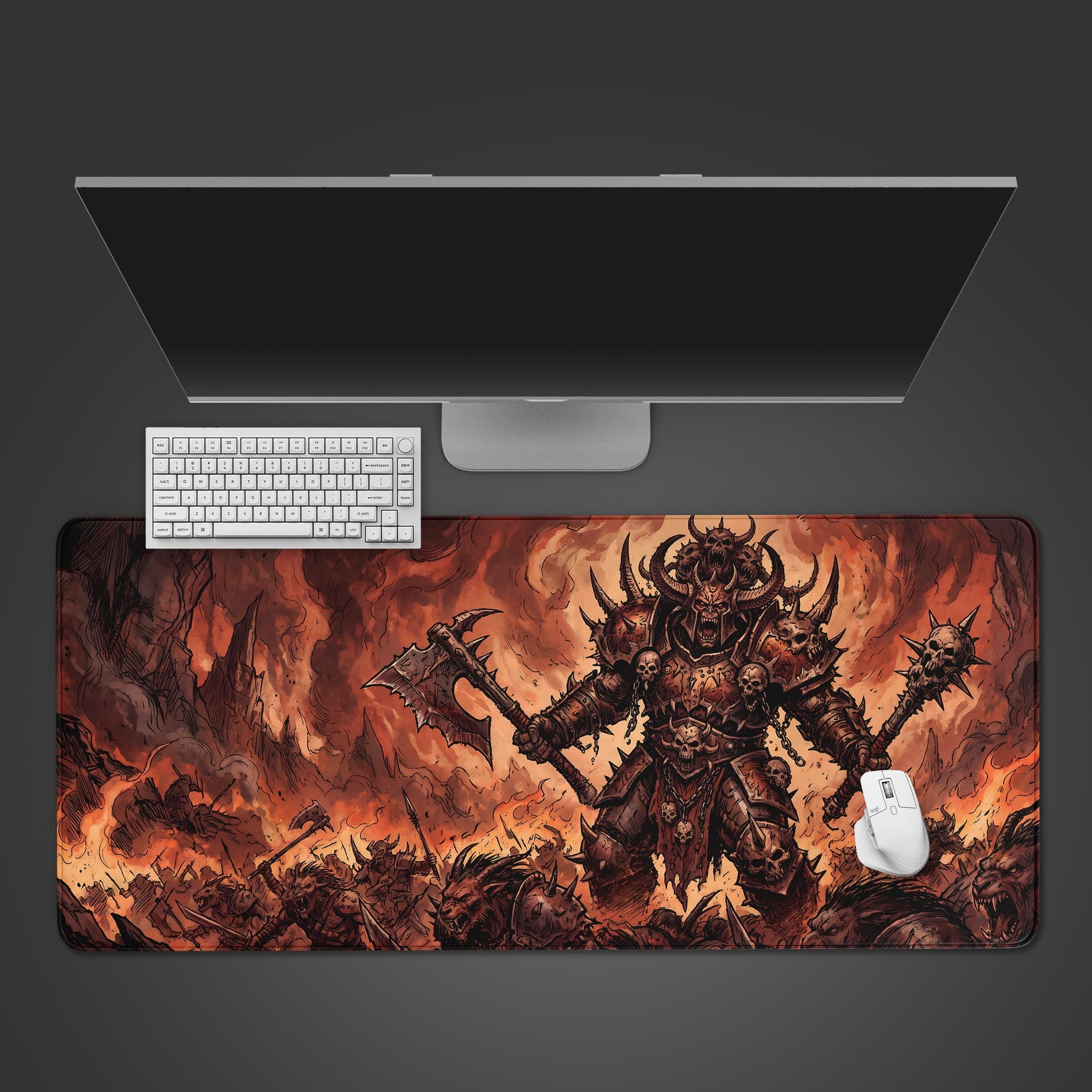 Hellfire Warlord dark fantasy desk mat featuring an armored demon warrior leading a fiery horde