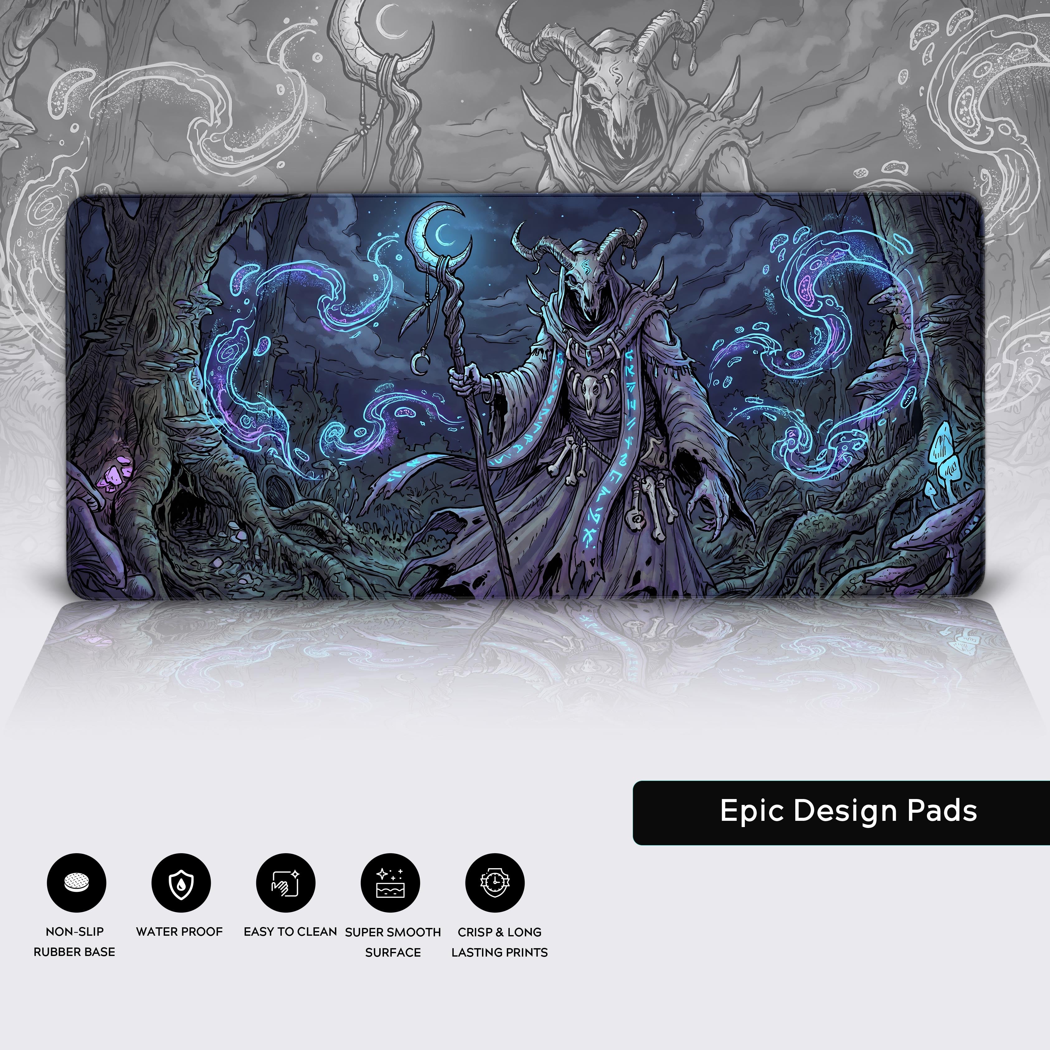 Full view of the gothic Demon Wizard desk mat, showcasing the immersive dark aesthetic to elevate any gaming setup.