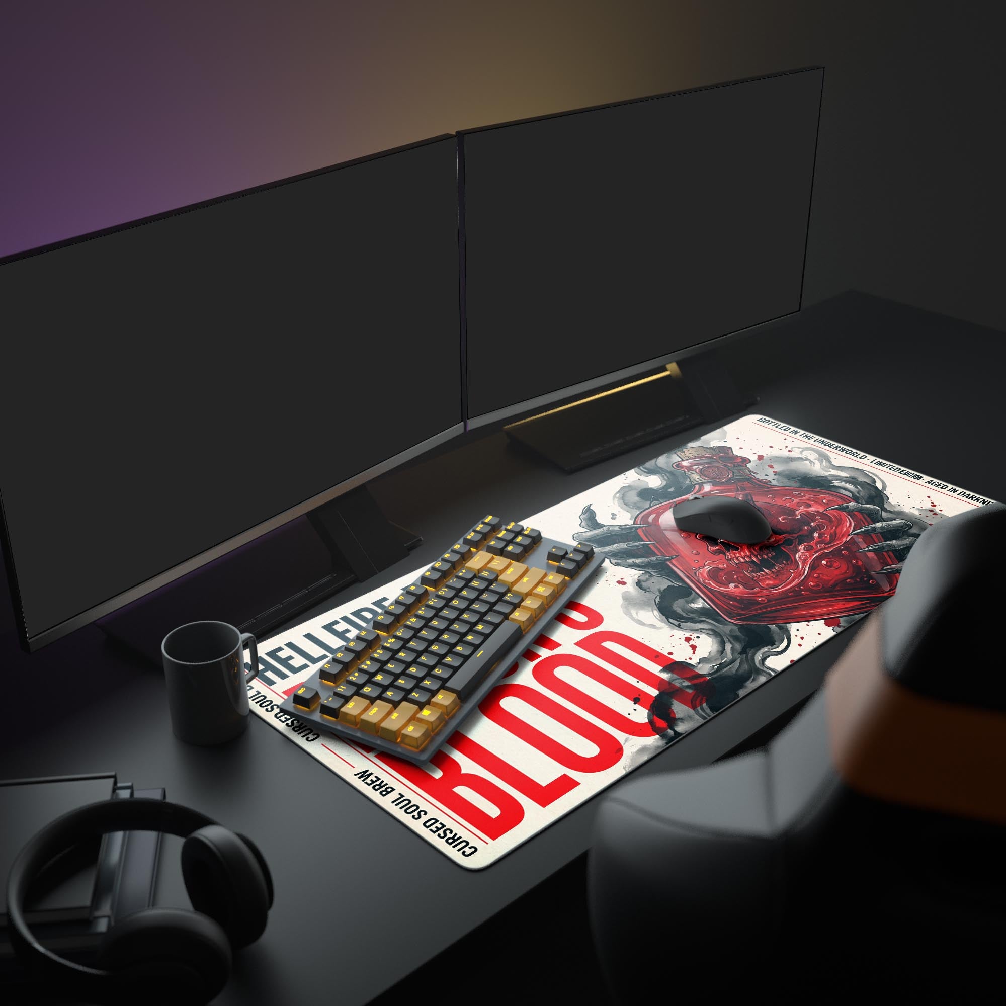 A full gaming PC setup featuring the Demon's Blood mouse pad, which displays a demonic hand holding a bottle with a skull inside. - Epic Design Pads & Mousepads