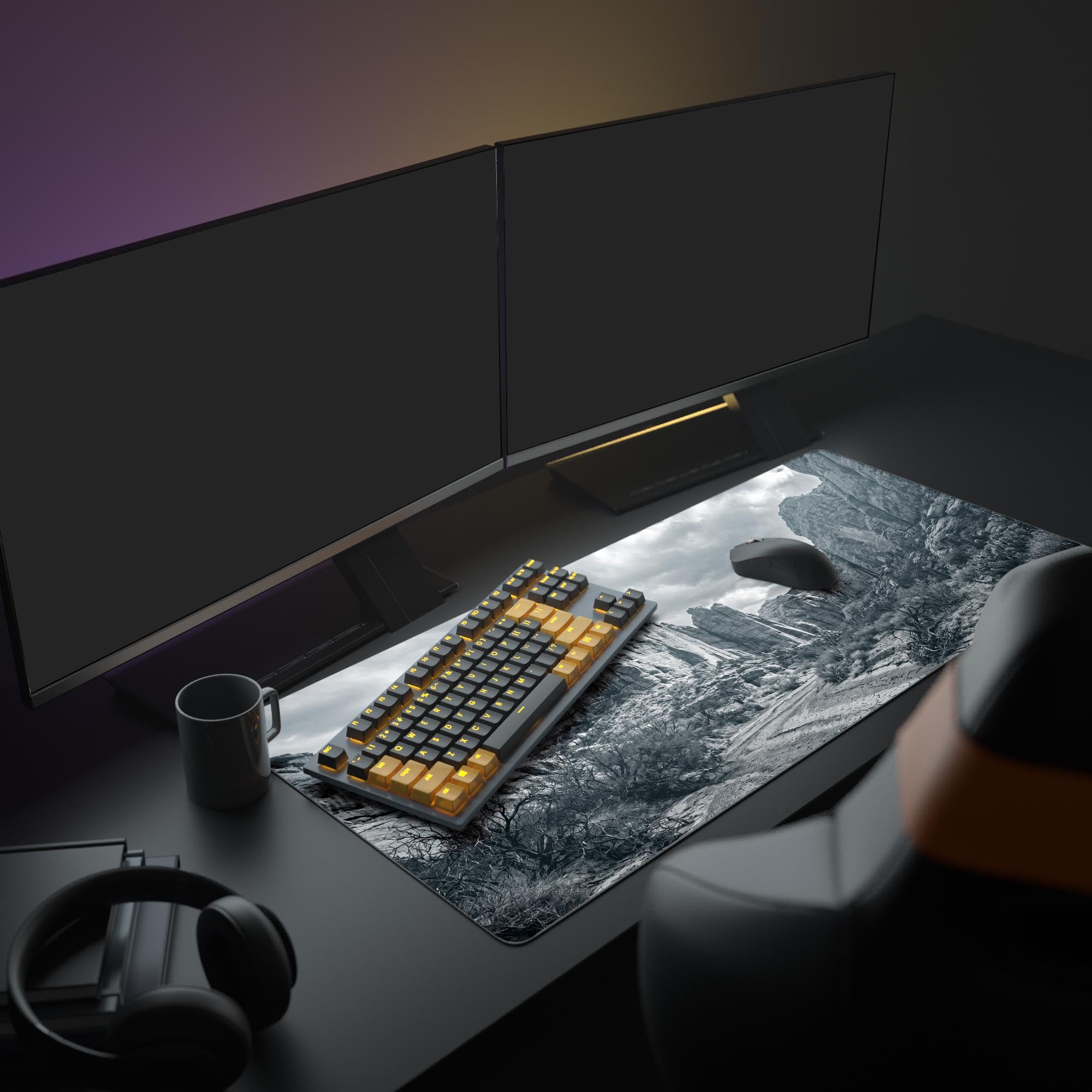 Close up of the rugged monochrome canyon design on a gaming mouse pad showing cactus and cloud details