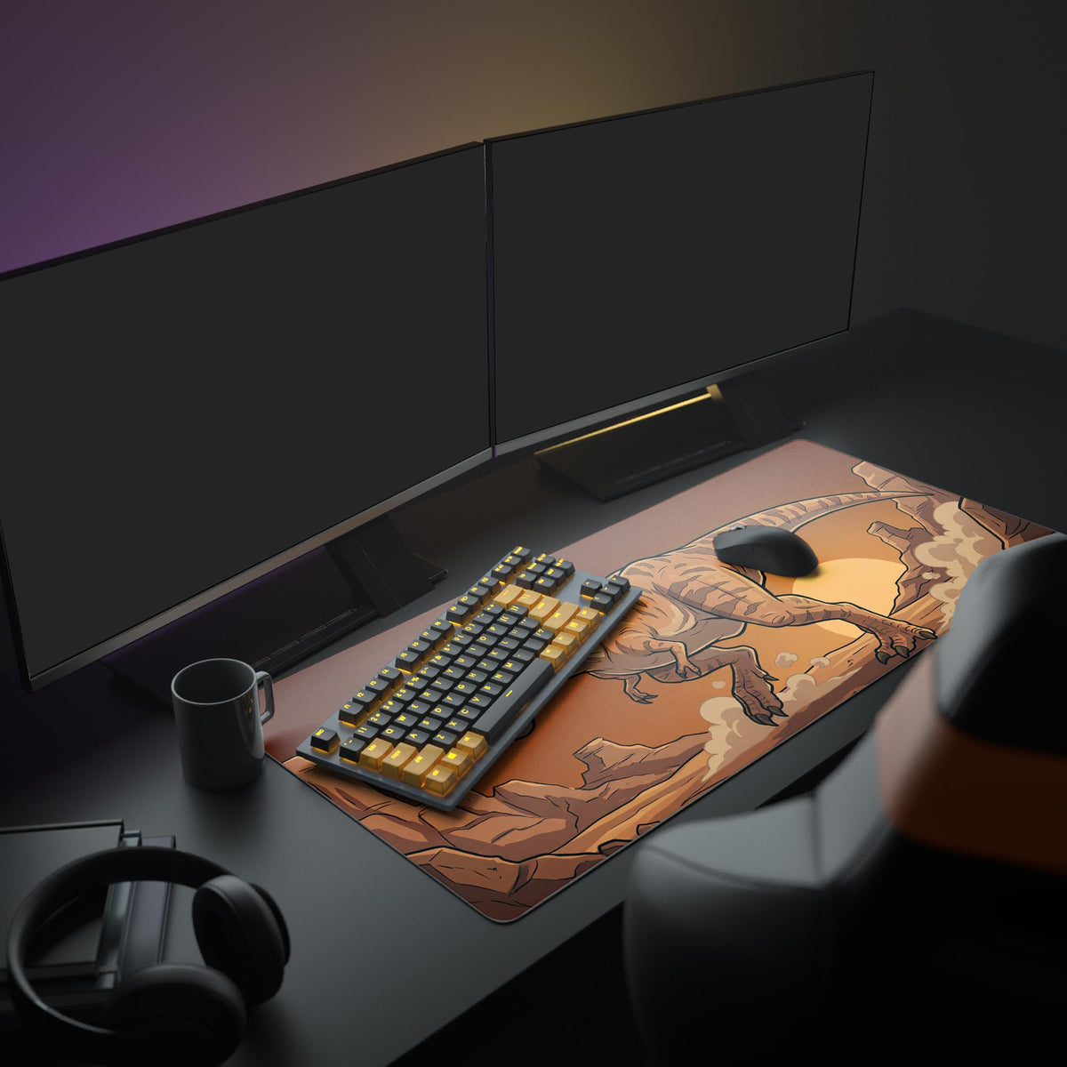 The Desert Tyrant T-Rex mouse pad shown in a full gaming setup with multiple monitors, providing a powerful and thematic look to the workspace. - Epic Design Pads & Mousepads