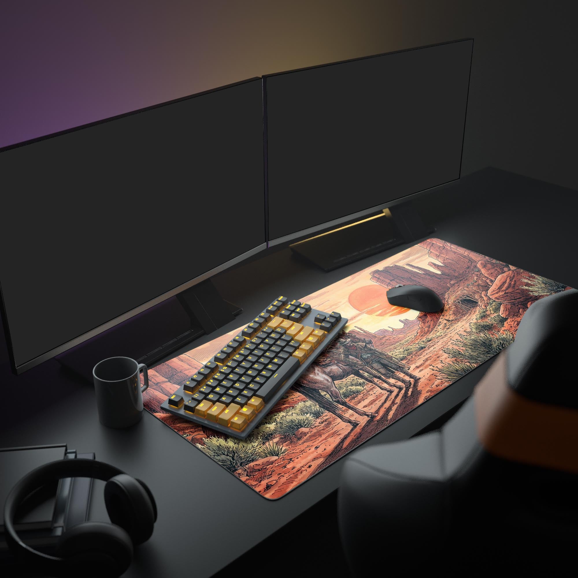 A full PC setup showcasing the Desert Wanderer gaming desk mat, which provides a large surface for a mechanical keyboard and mouse under a monitor. - Epic Design Pads & Mousepads