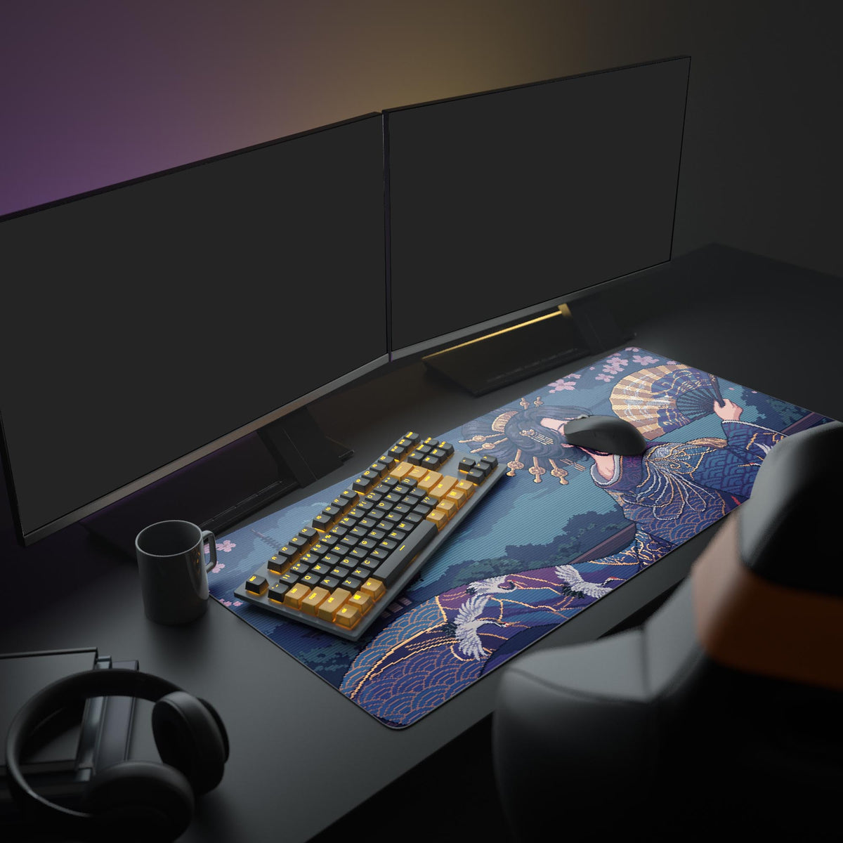 The Digital Geisha XL mouse pad enhances a gaming setup, sitting under a large monitor and an illuminated keyboard. The Japanese pixel art provides a cool, retro aesthetic to the desk. - Epic Design Pads & Mousepads