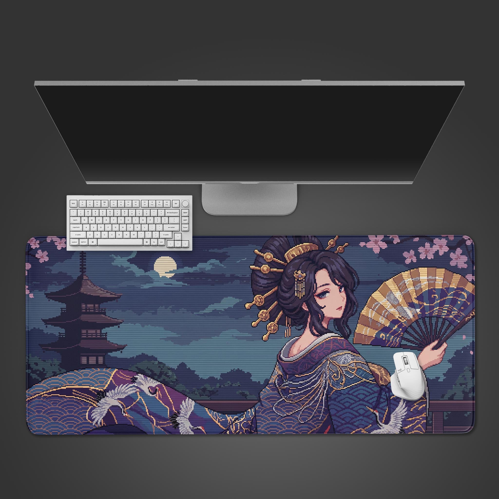 A top-down view of the Digital Geisha gaming desk mat. A white keyboard and mouse are placed on the pixel art design featuring a Japanese woman, a pagoda, and a moonlit sky. - Epic Design Pads & Mousepads
