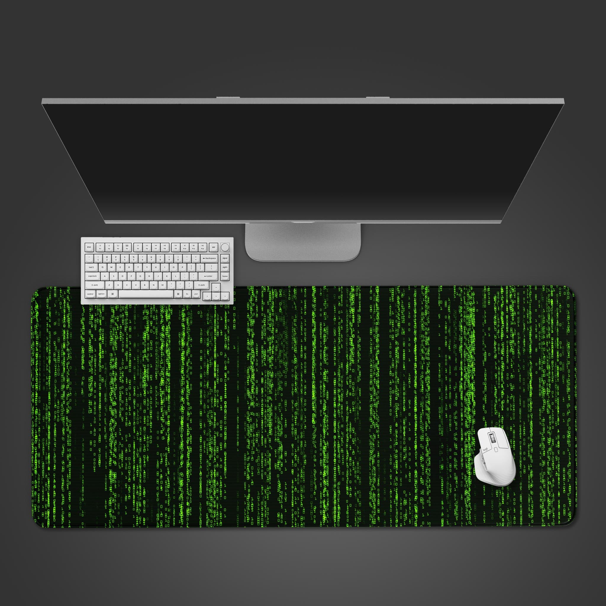 Digital Rain desk mat with green binary code design, shown from a top-down view with a black keyboard and mouse. - Epic Design Pads
