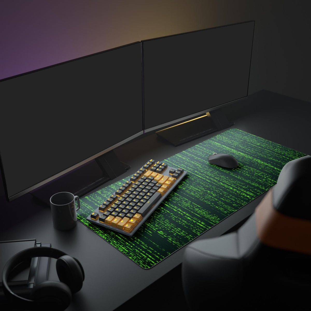 Large Digital Rain desk mat in a developer setup with dual monitors, a mechanical keyboard, and headphones. - Epic Design Pads