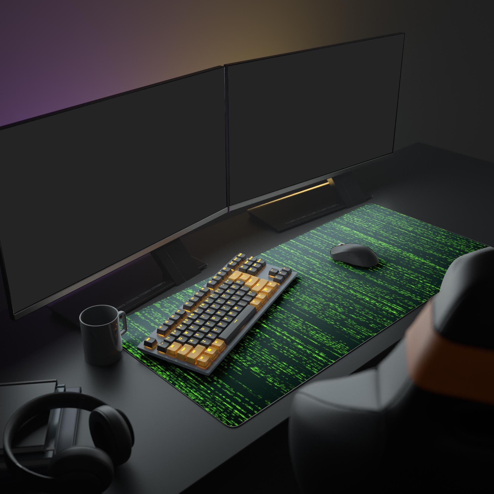 Large Digital Rain desk mat in a developer setup with dual monitors, a mechanical keyboard, and headphones. - Epic Design Pads
