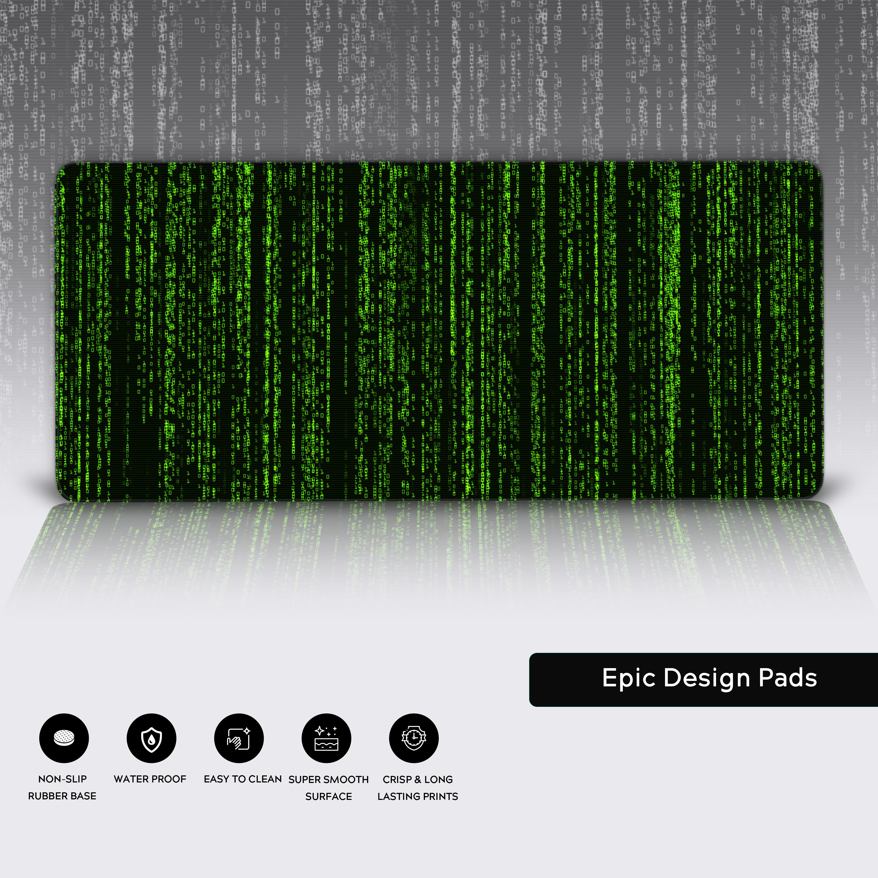 Close-up of the Digital Rain desk mat showcasing its durable stitched edges, water-resistant surface, and non-slip rubber base. - Epic Design Pads