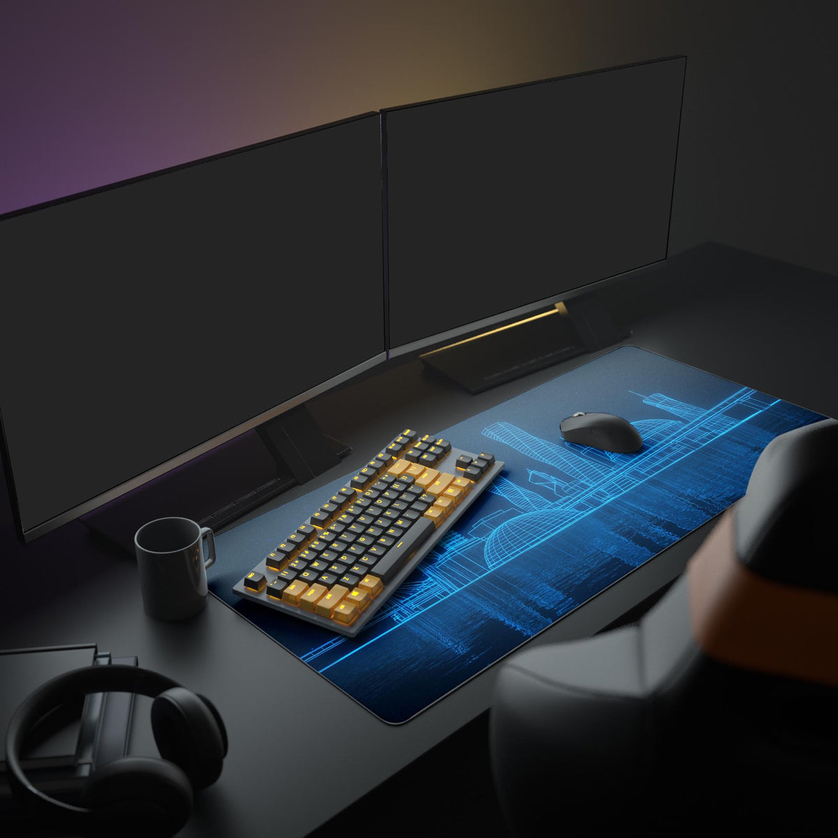 A modern gaming setup featuring the Digital Skyline mouse pad. Its neon-blue city glows under a monitor, complementing a white keyboard and mouse for a clean tech aesthetic. - Epic Design Pads & Mousepads
