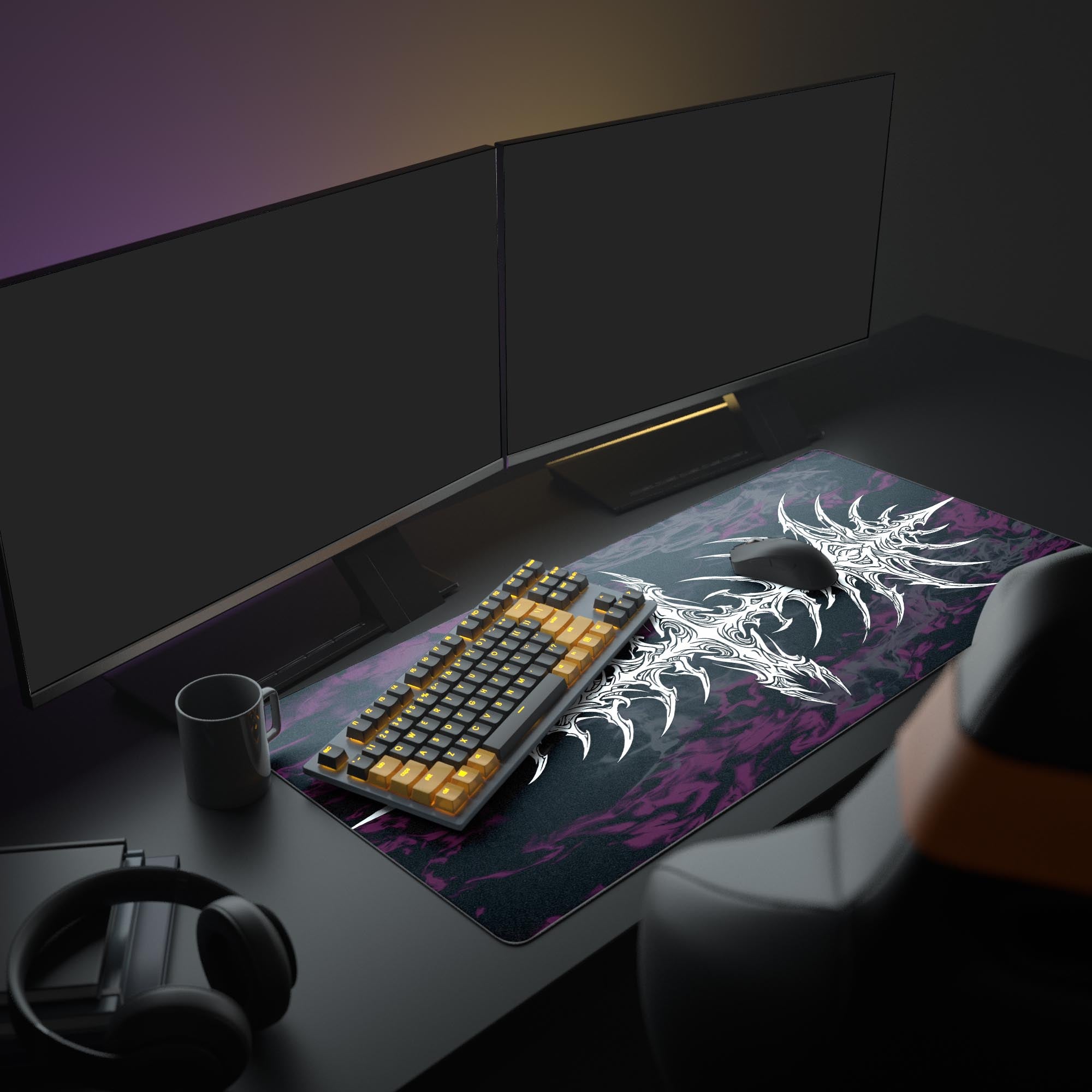 A full gaming setup anchored by the Digital Vertebrae mouse pad, its cybersigilism design complementing a sleek monitor and peripherals for a dark, modern aesthetic. - Epic Design Pads & Mousepads