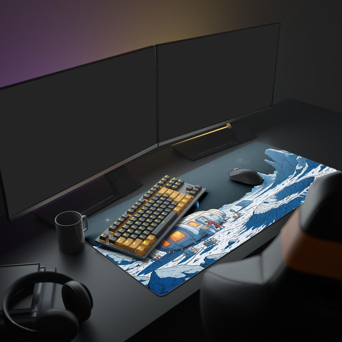 A full gaming setup featuring the Distant Outpost XL Mouse Pad, with dual monitors, an RGB keyboard, and a gaming mouse, creating a cohesive sci-fi theme. - Epic Design Pads & Mousepads