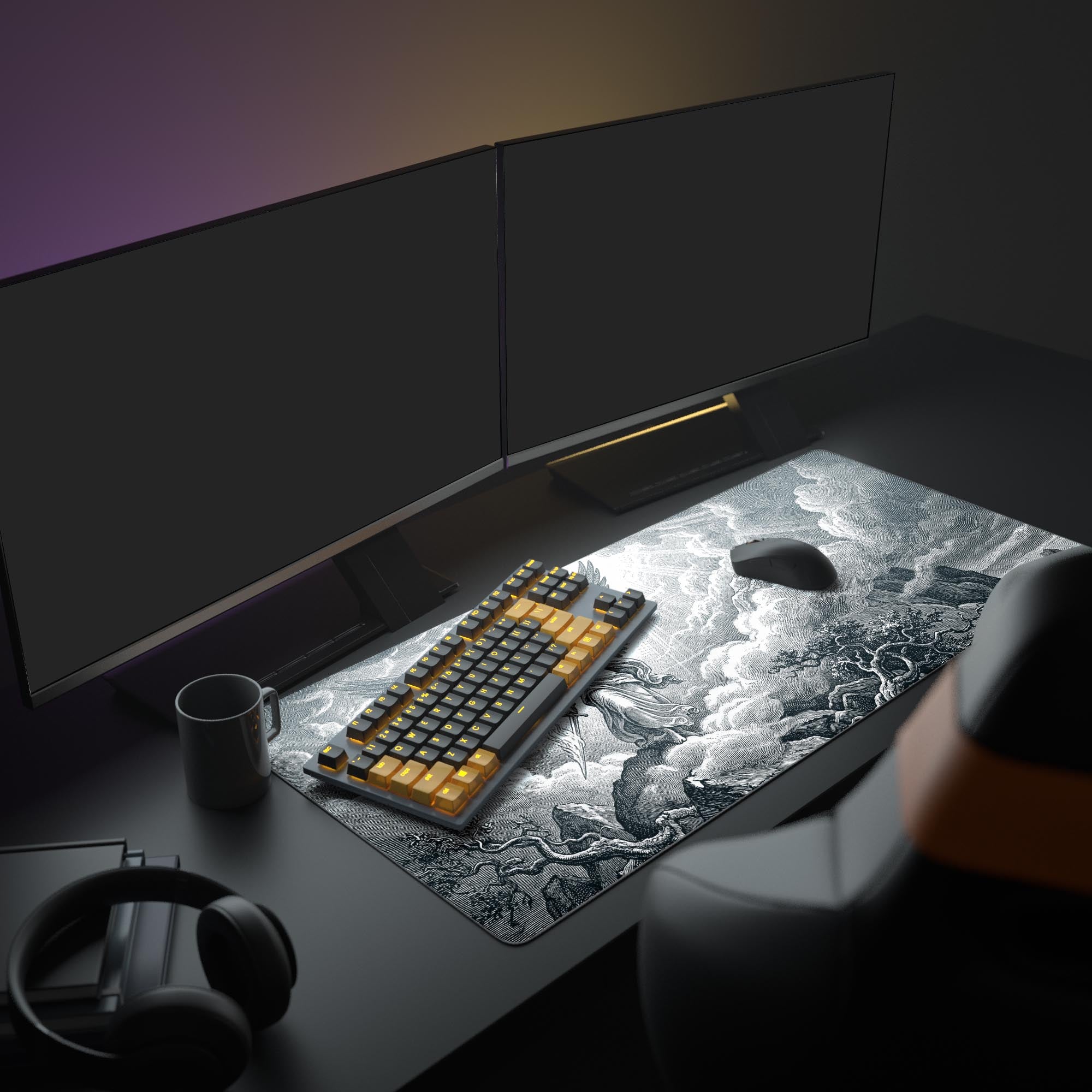 The Divine Ascent mouse pad enhances a clean PC setup, showing the vintage angel engraving under a monitor. The large surface accommodates a gaming keyboard and mouse with ample room. - Epic Design Pads & Mousepads