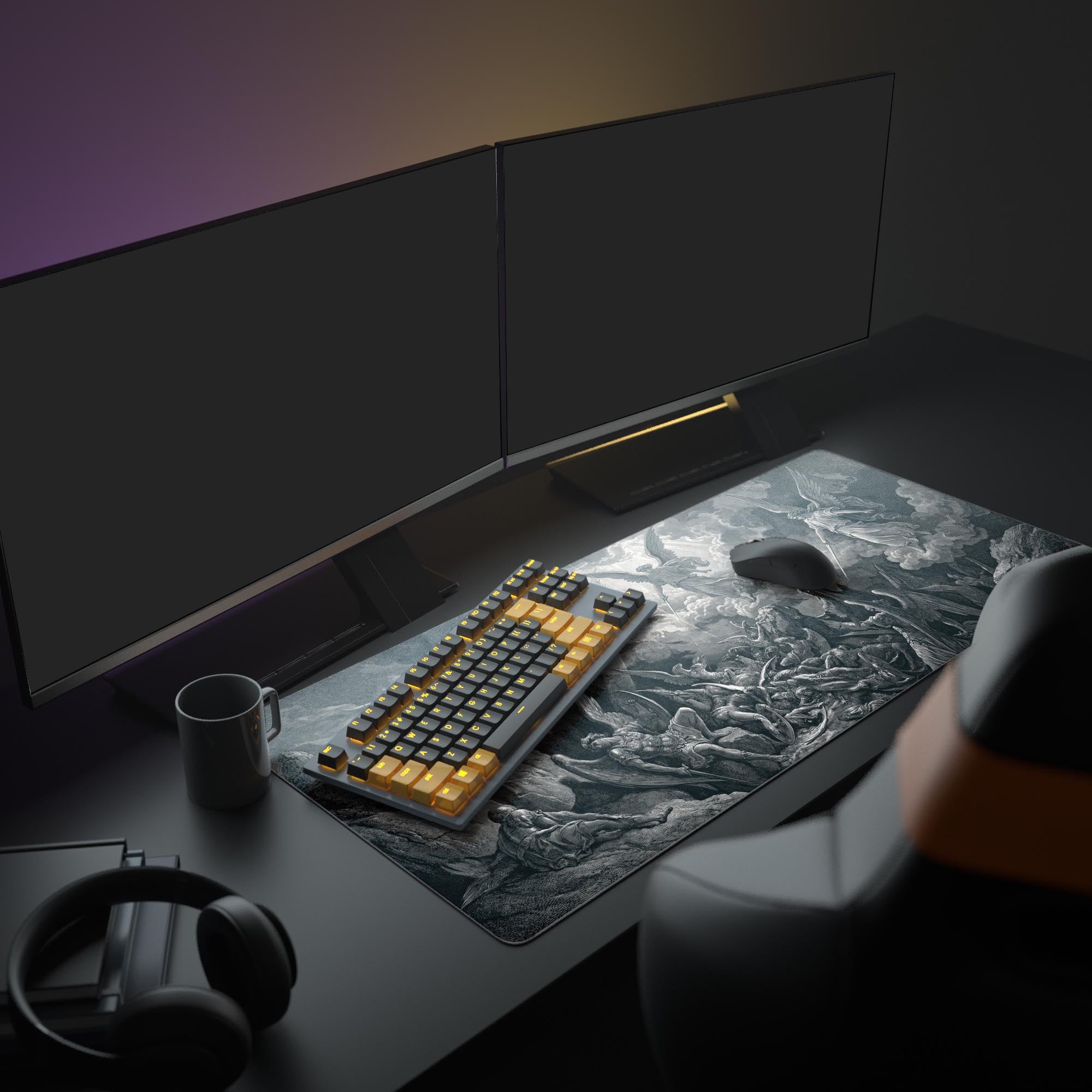 The Divine Conflict XL mouse pad shown in a full gaming setup with a glowing keyboard and multiple monitors, showcasing its dark fantasy aesthetic. - Epic Design Pads & Mousepads