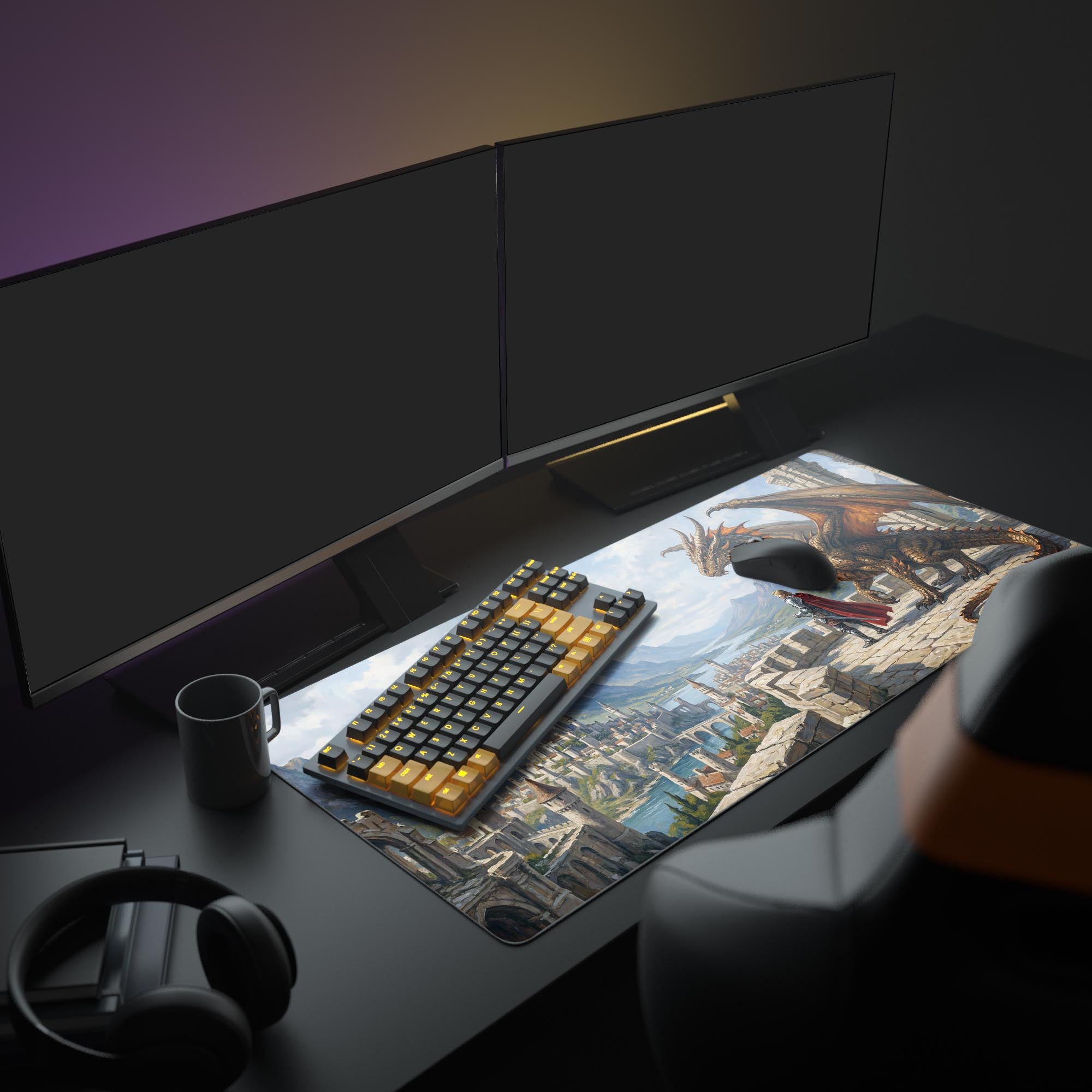 A complete PC gaming setup featuring the Dragon Alliance mouse pad, which displays a vast kingdom, knight, and dragon beneath a large monitor and glowing keyboard. - Epic Design Pads & Mousepads