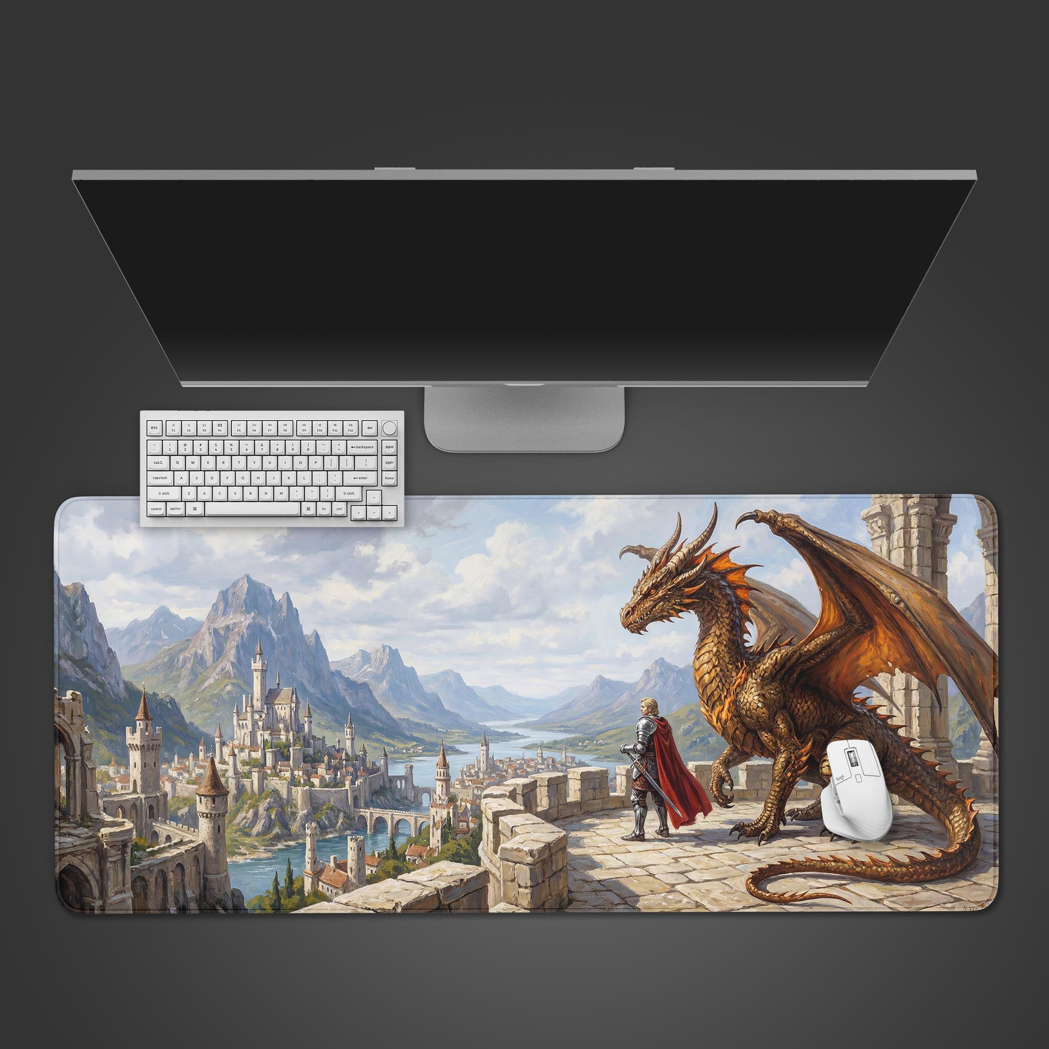 The Dragon Alliance gaming desk mat shown from a top-down view, with a white keyboard and mouse placed on its fantasy art of a knight and dragon. - Epic Design Pads & Mousepads