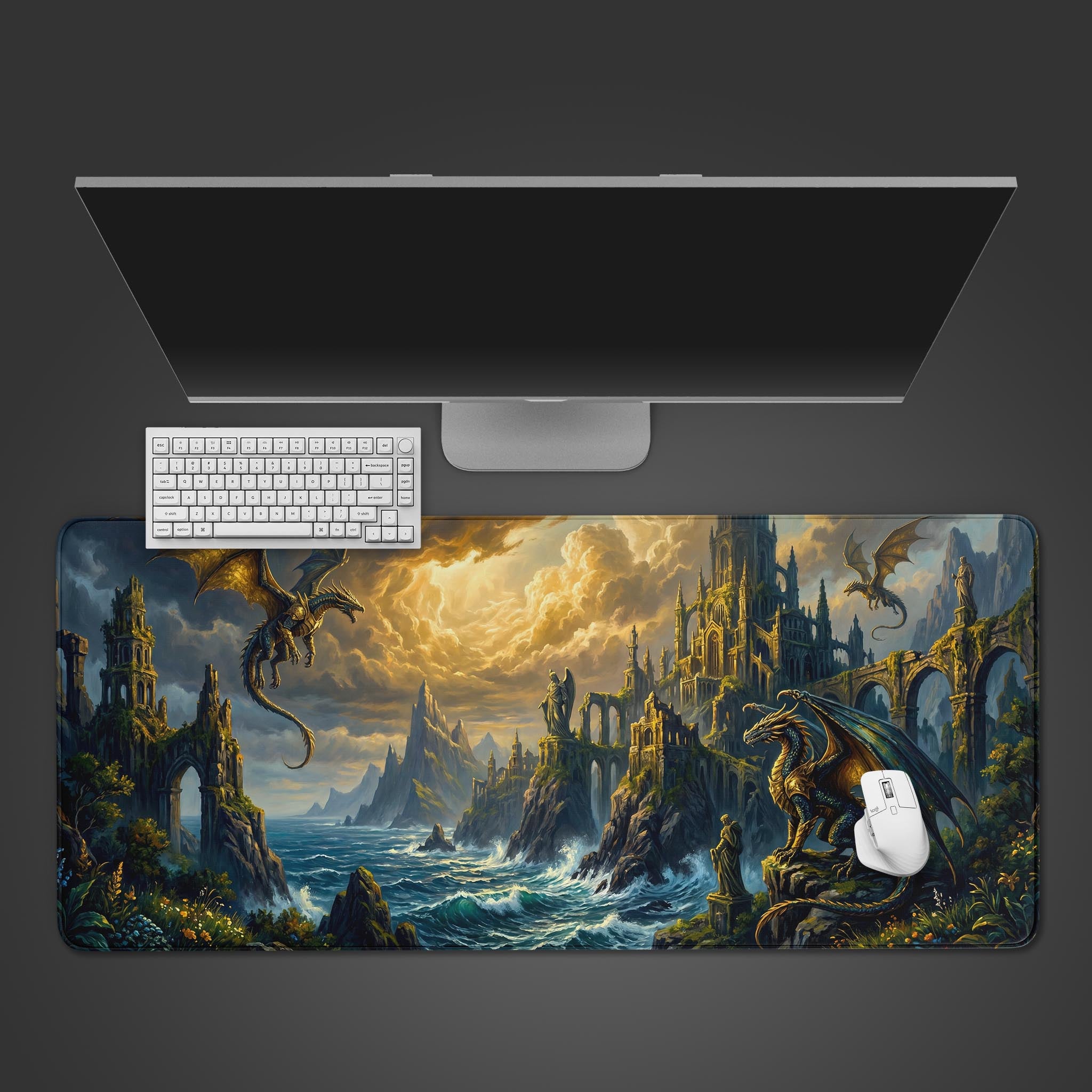 Dragon Citadel epic fantasy desk mat featuring winged dragons and a coastal stone castle