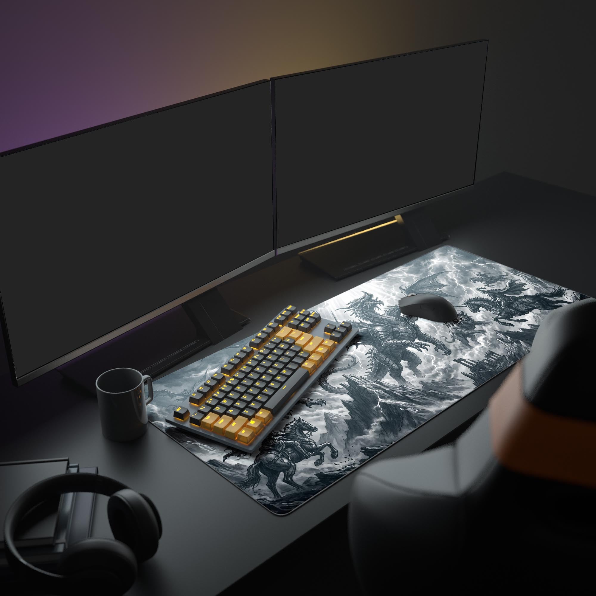 Detailed monochromatic gaming mouse pad showing a towering multi-headed dragon