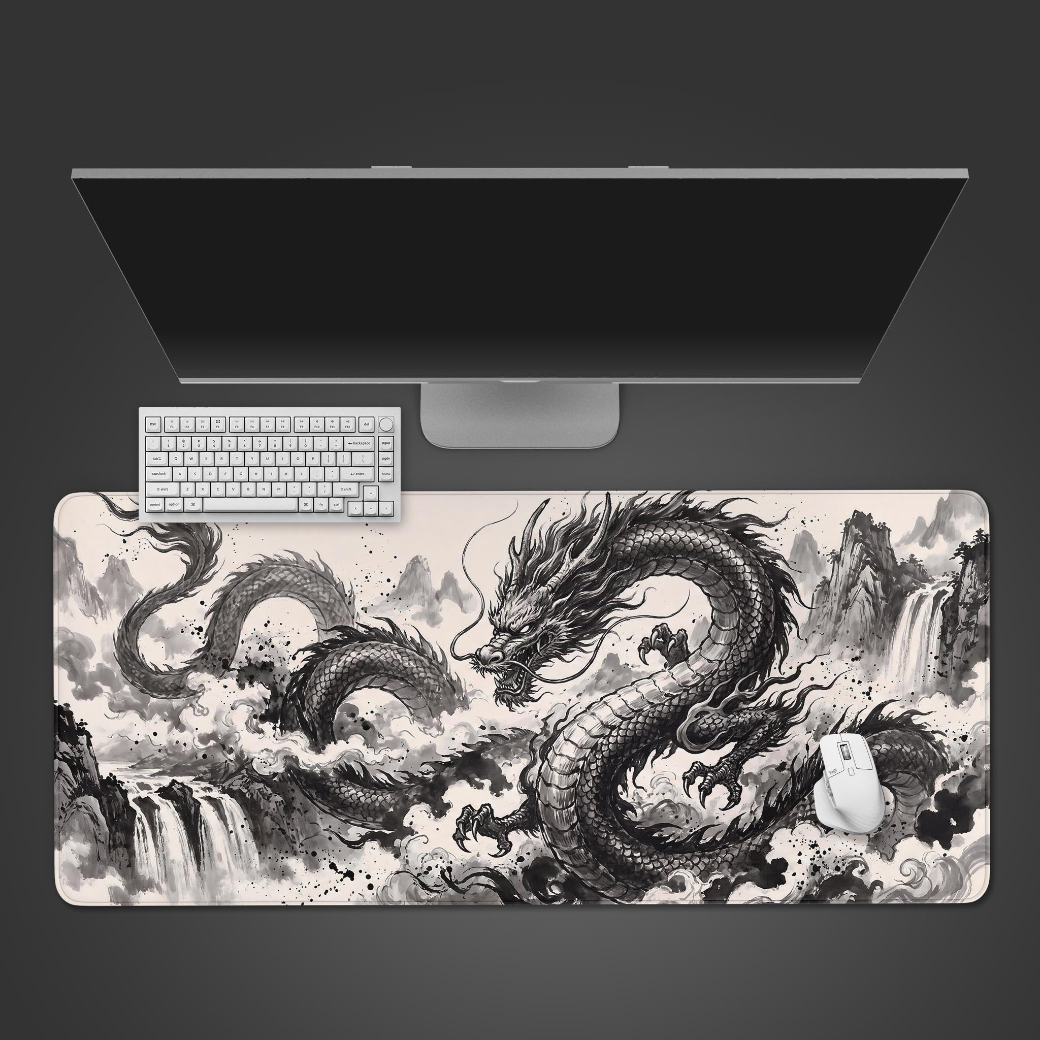 Large desk mat featuring a sprawling ink wash style eastern dragon winding through mountains and waterfalls in monochrome.