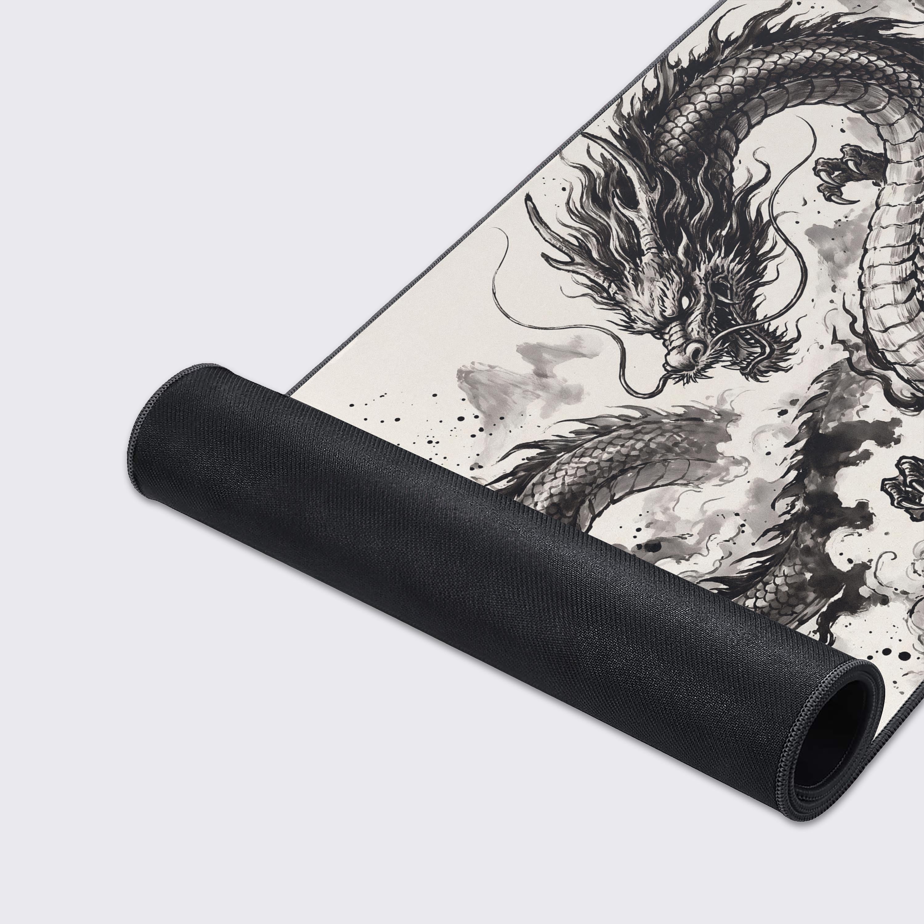 Product features graphic showing non-slip rubber base, water-proof, easy to clean, super smooth surface, and crisp lasting prints icons below the ink dragon mat.