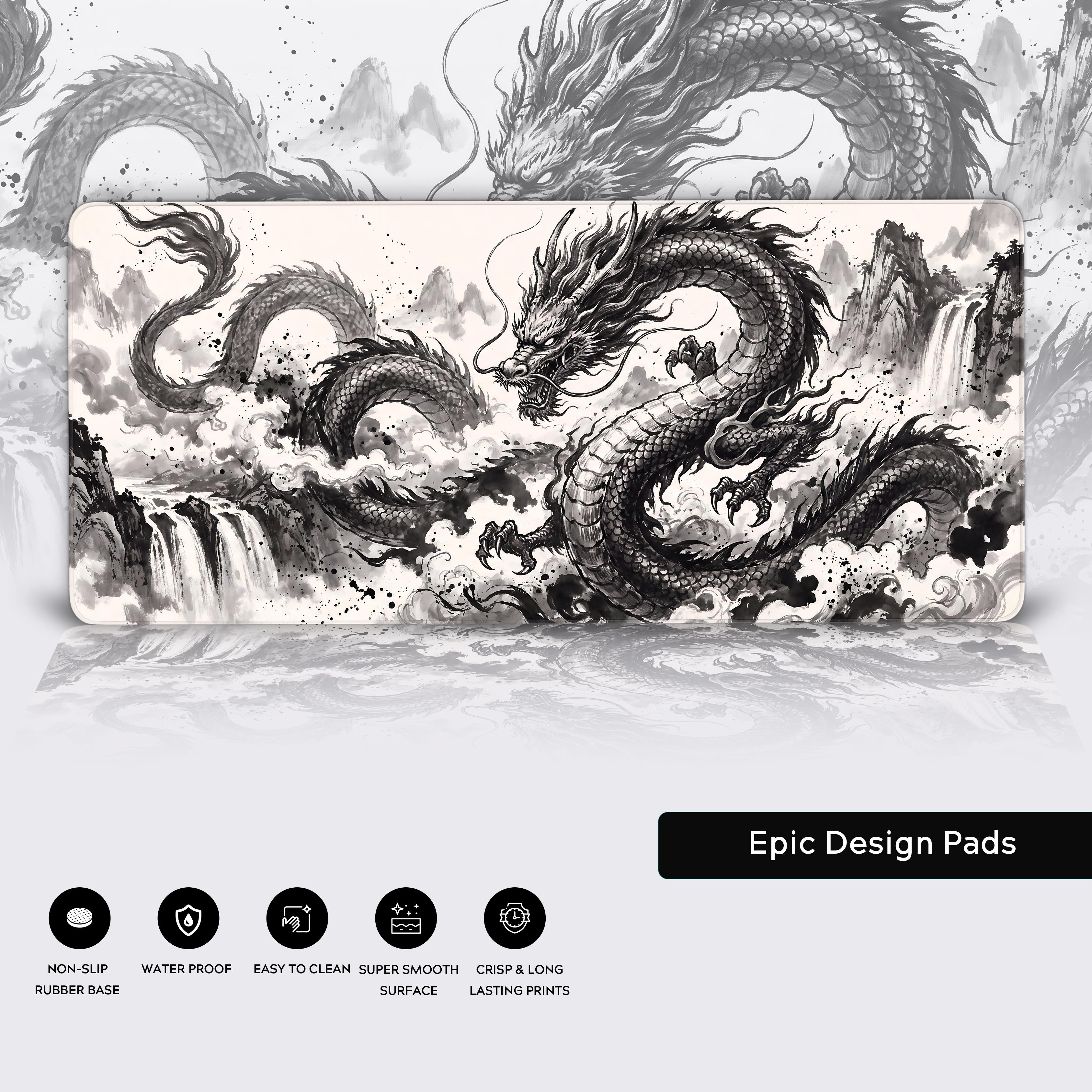 Monochrome eastern dragon desk mat unrolled flat, showcasing the fluid ink splatters and traditional artistic design for a modern gaming setup.
