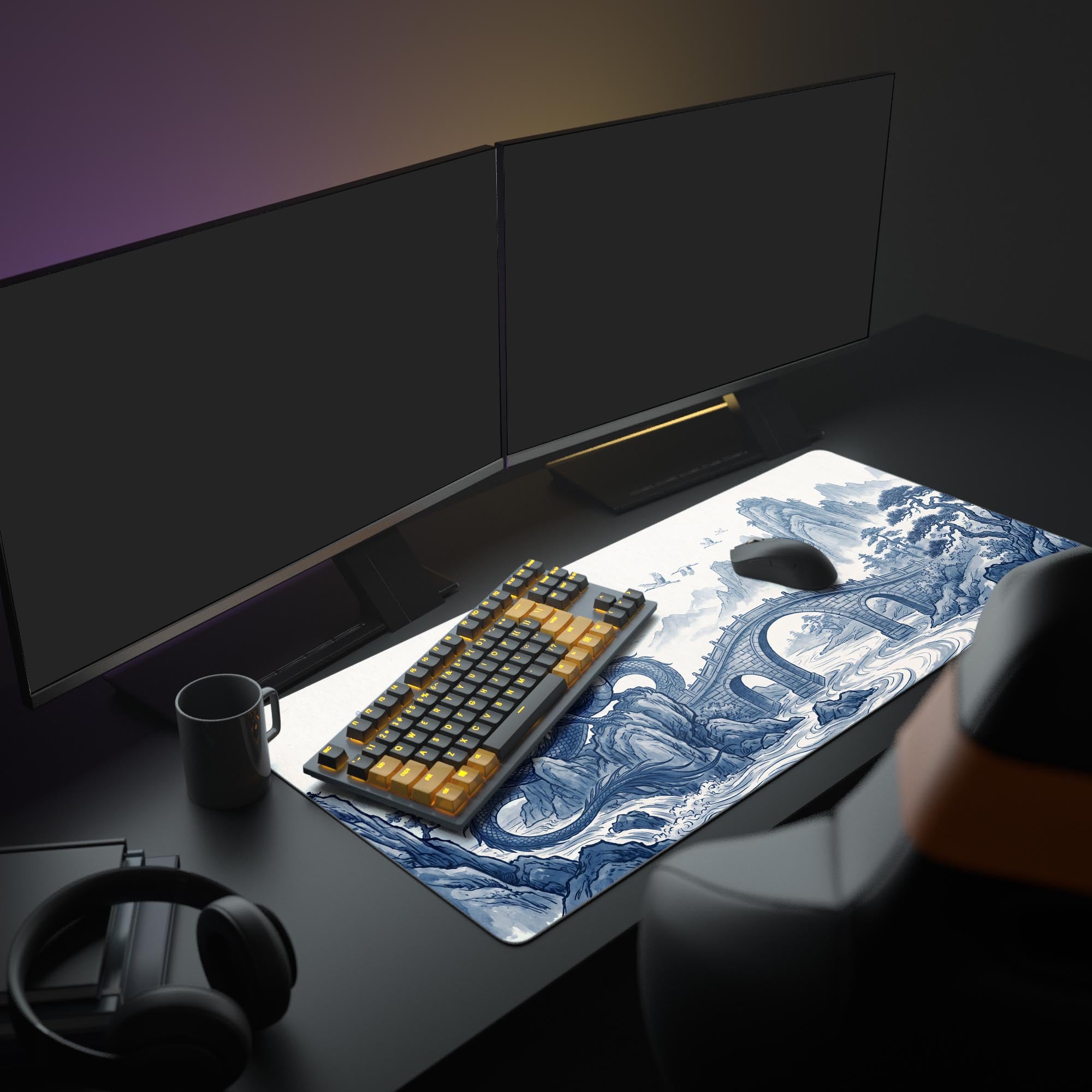 Close-up of the desk mat design showing intricate indigo details of the dragon scales, flying cranes, and misty pine trees.