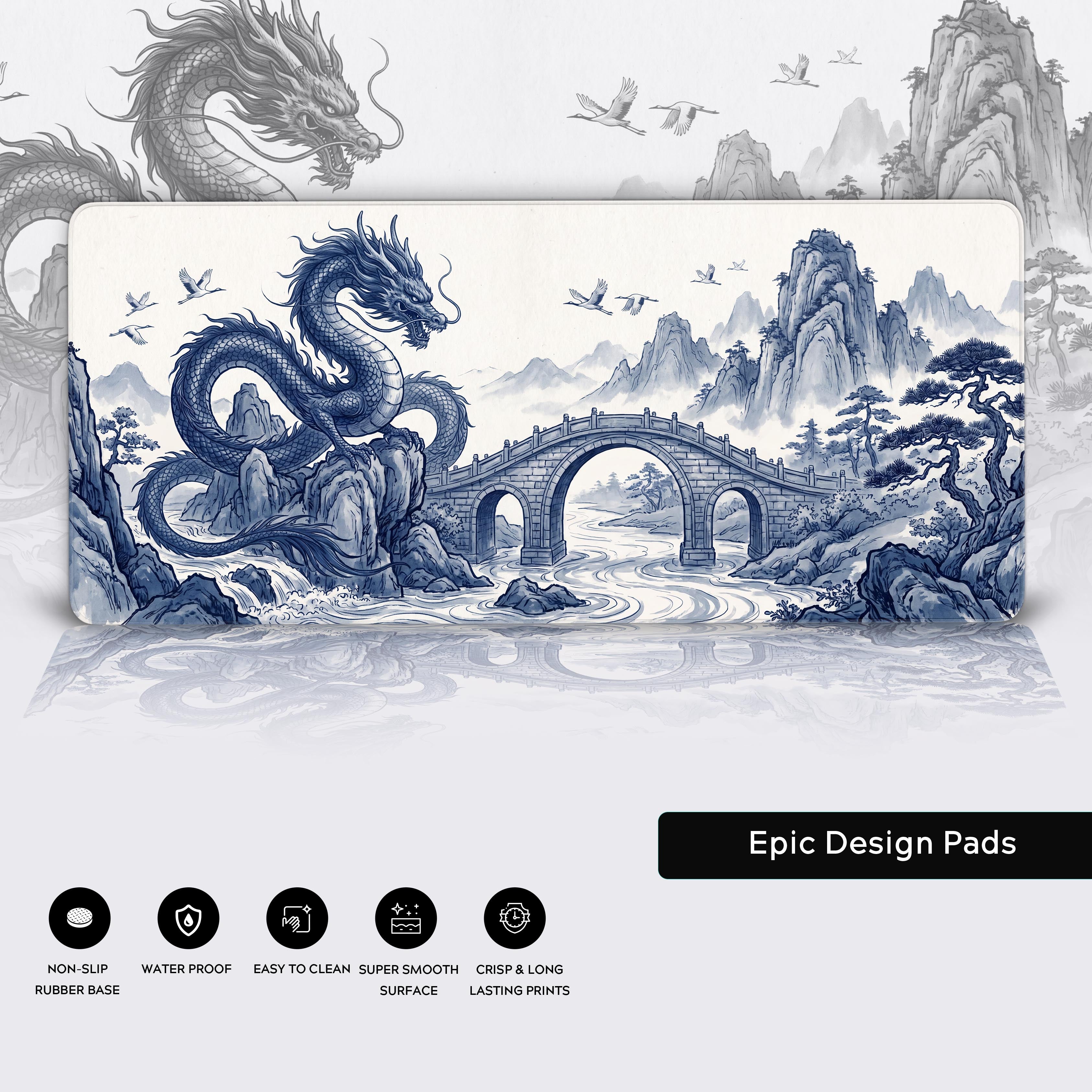 Five feature icons for the desk mat detailing non-slip rubber base, water-proof, easy to clean, super smooth surface, and crisp lasting prints.