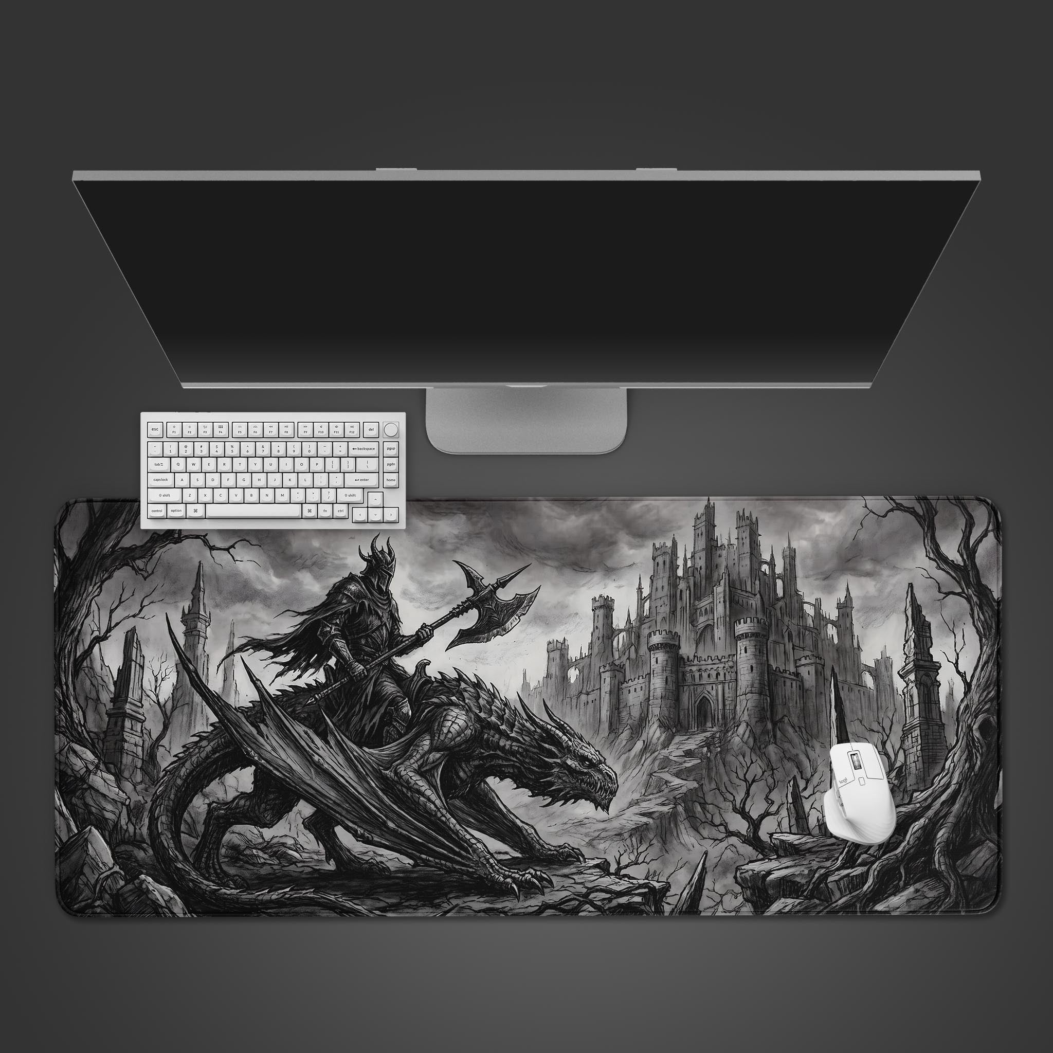 Grimstone Dragon desk mat featuring a dark fantasy grayscale illustration of a warrior on a dragon