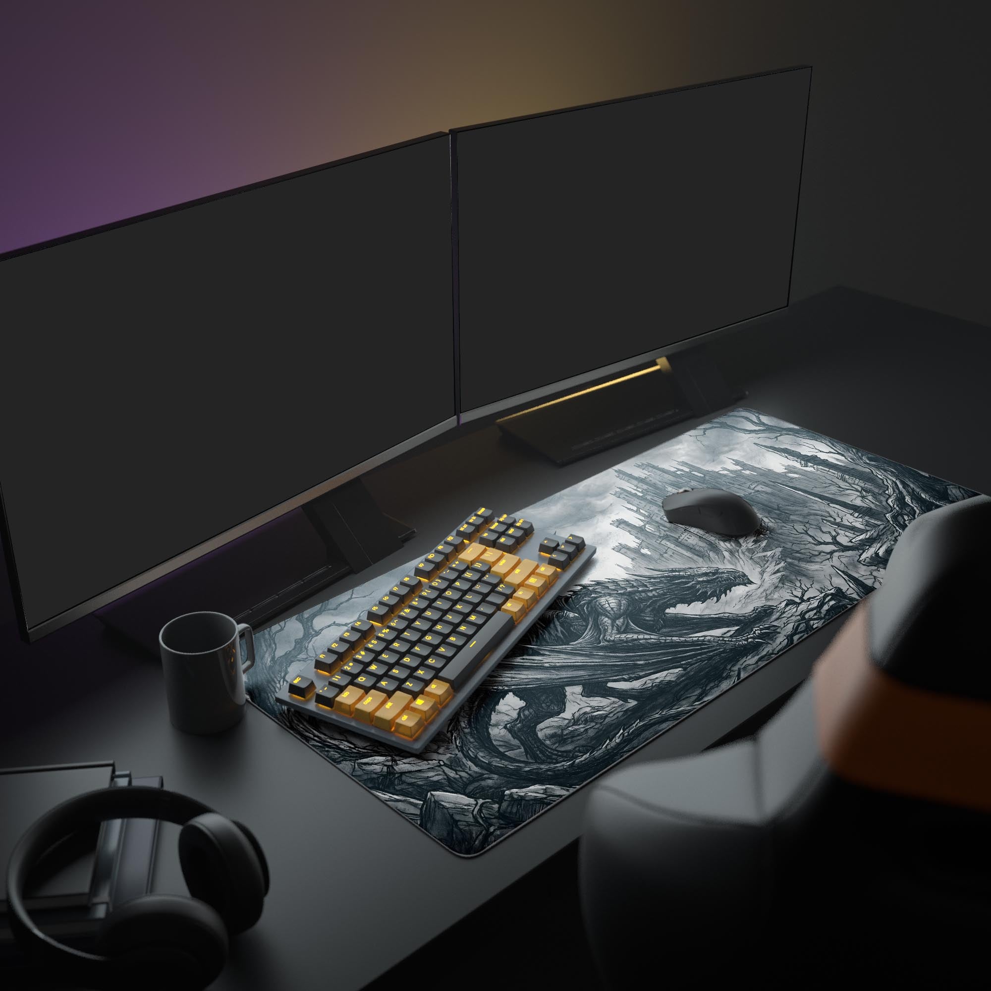 Close-up detail of the gothic castle and grimdark dragon sketch art on a gaming mouse pad