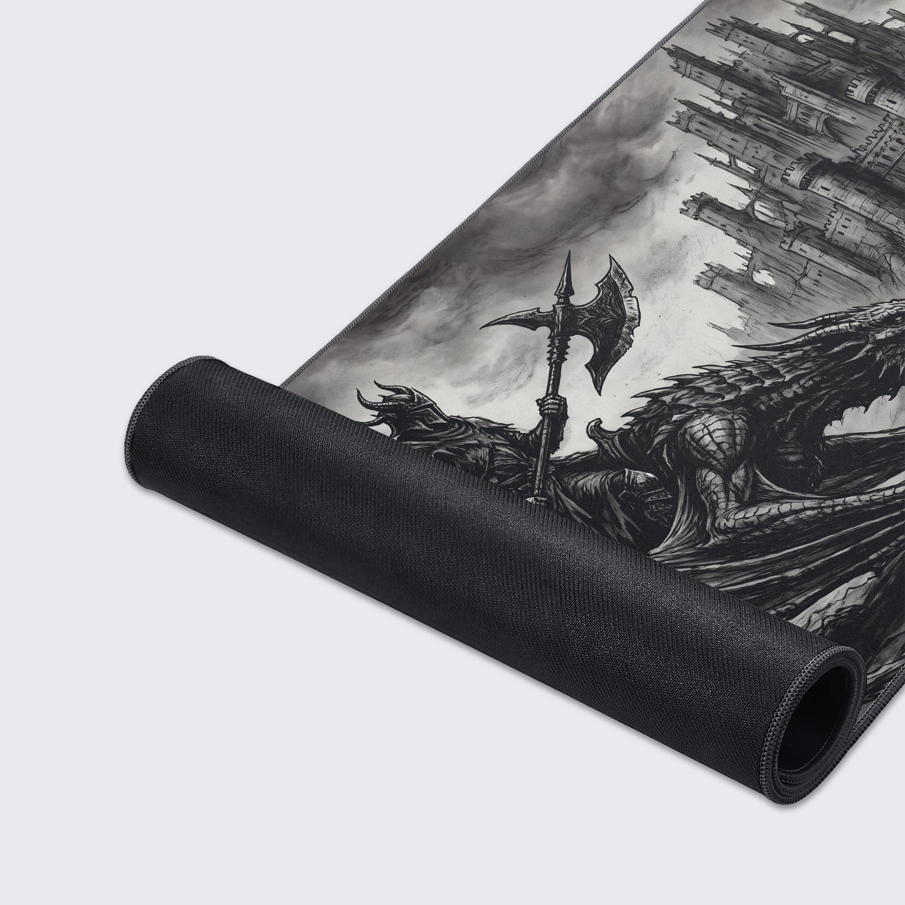Epic dark fantasy desk mat showing waterproof, anti-slip, and smooth surface feature icons