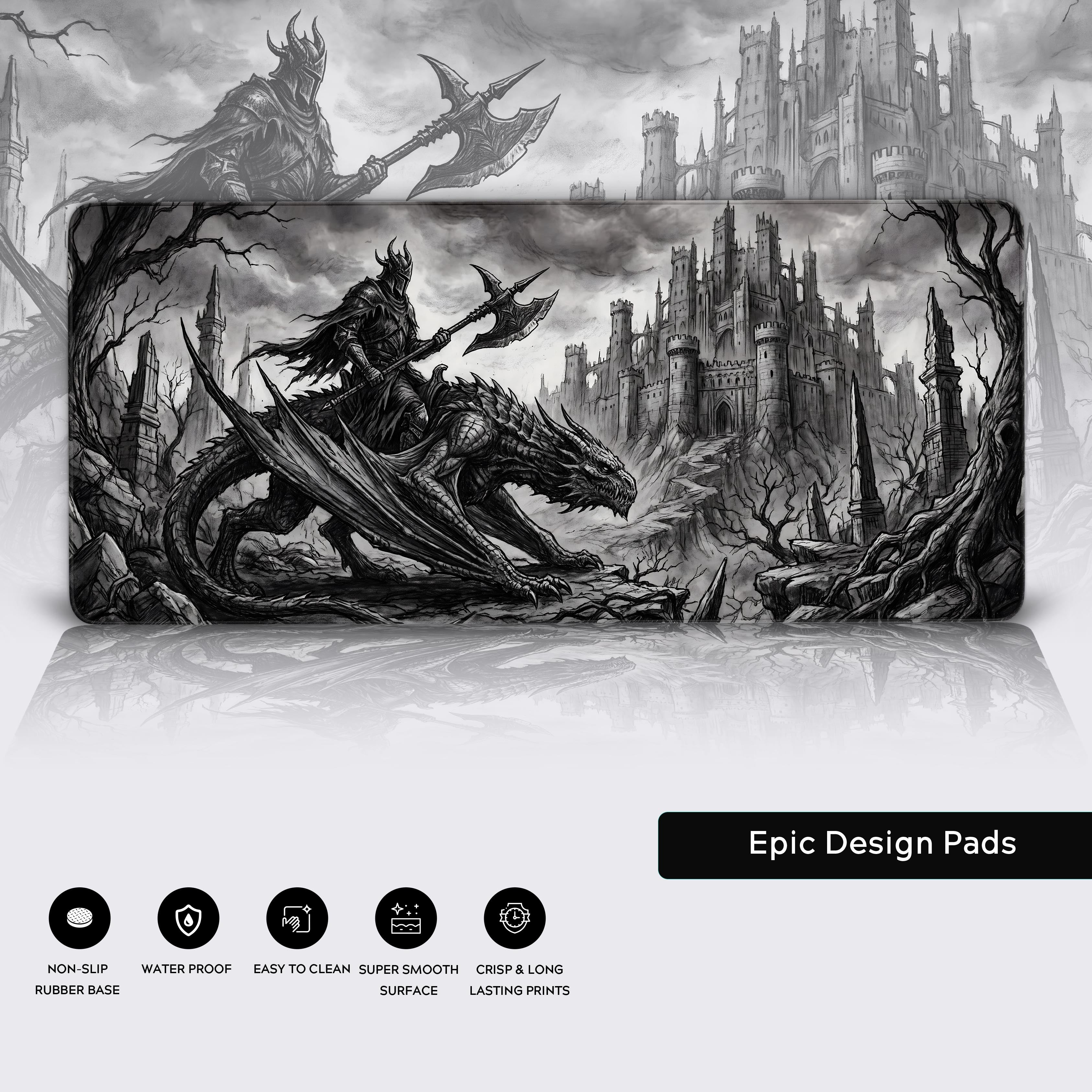 Monochrome medieval warrior and dragon mousepad perfect for gothic gaming setups