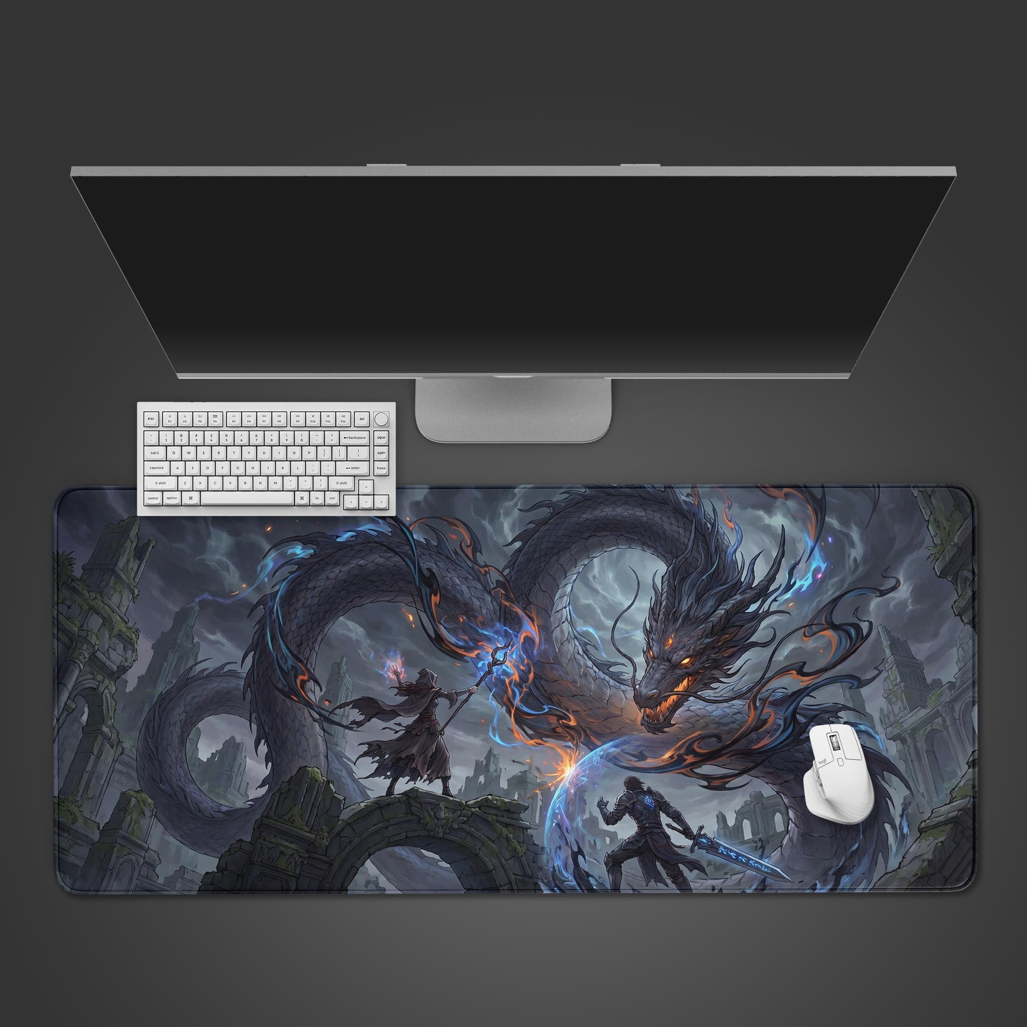 A dark fantasy desk mat featuring an epic battle between a giant dragon, a wizard, and a warrior in ancient ruins.