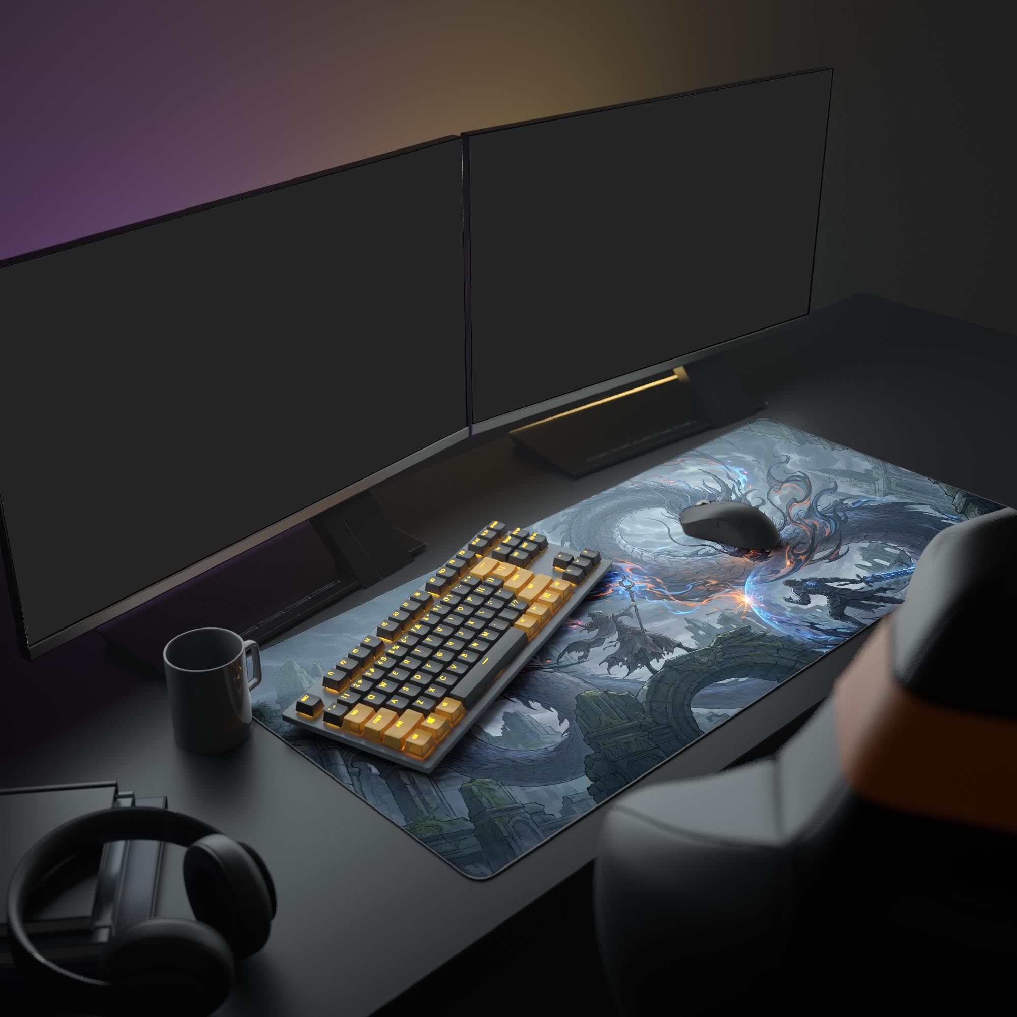 Close-up highlighting the crisp, long-lasting print and vibrant magical energy of the dragon gaming mouse pad.
