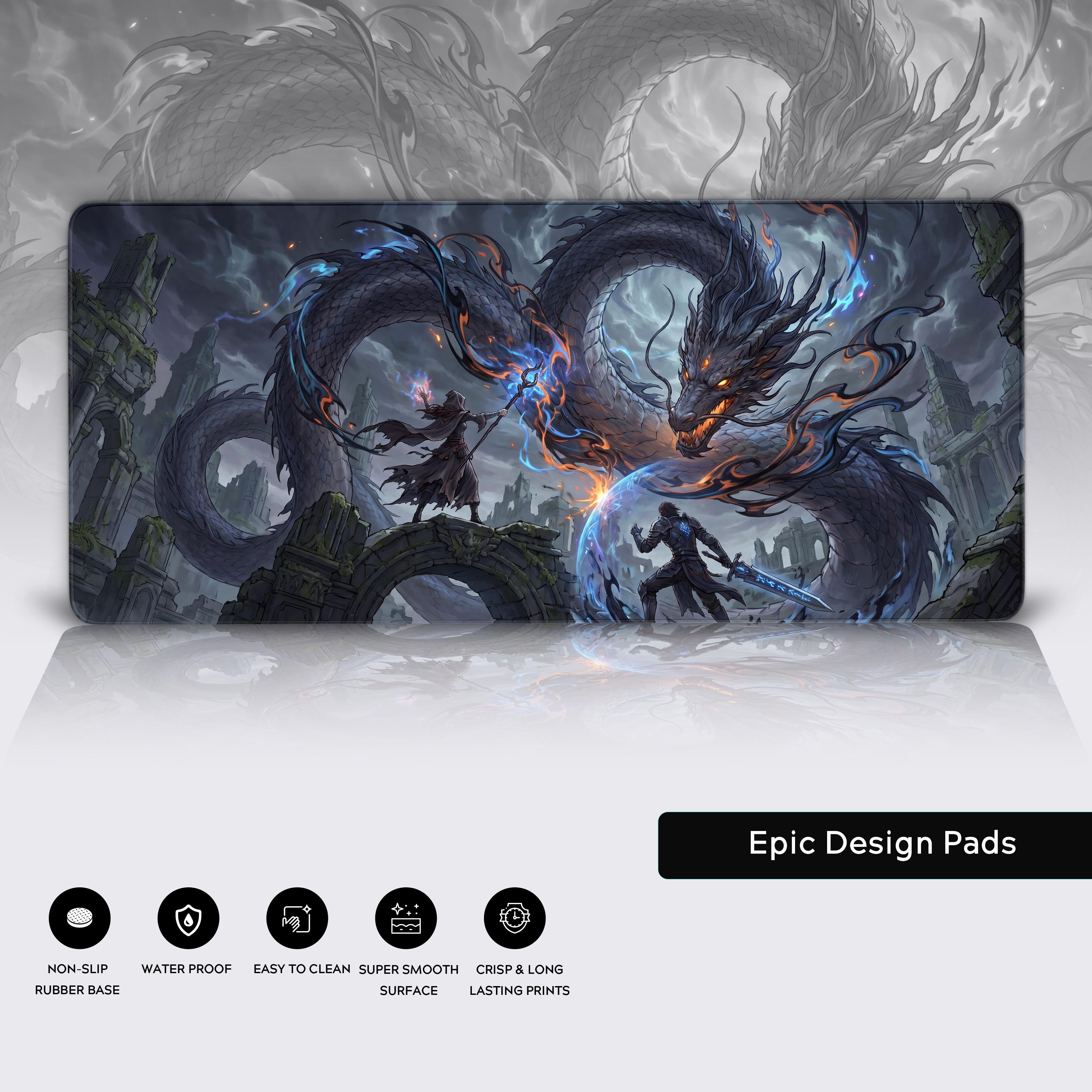 Epic dark fantasy dragon battle desk mat displayed perfectly in a modern gamer's setup.