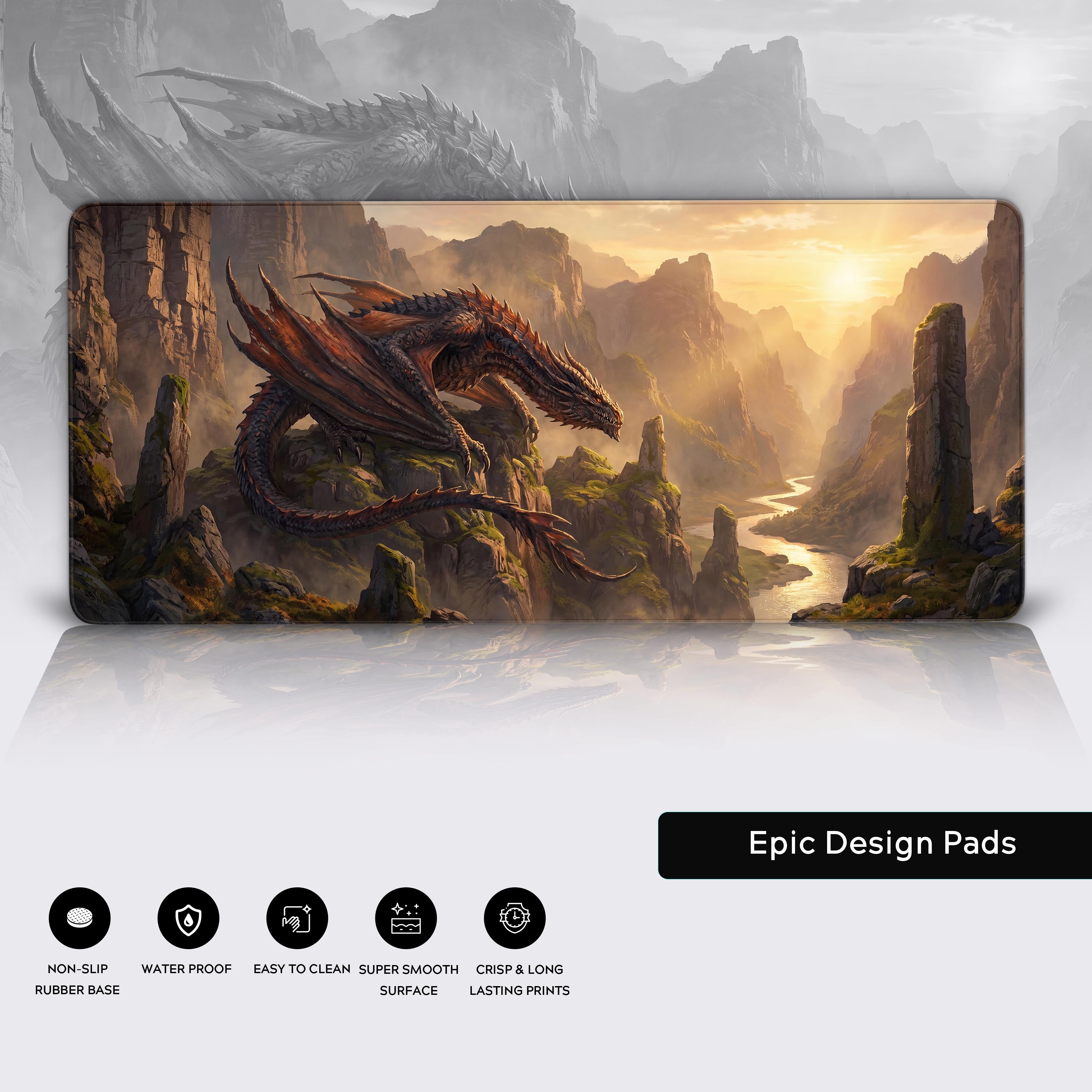 Sunlit Dragon Peak extended mouse pad displayed, showcasing its vibrant mythological aesthetic and desk protection