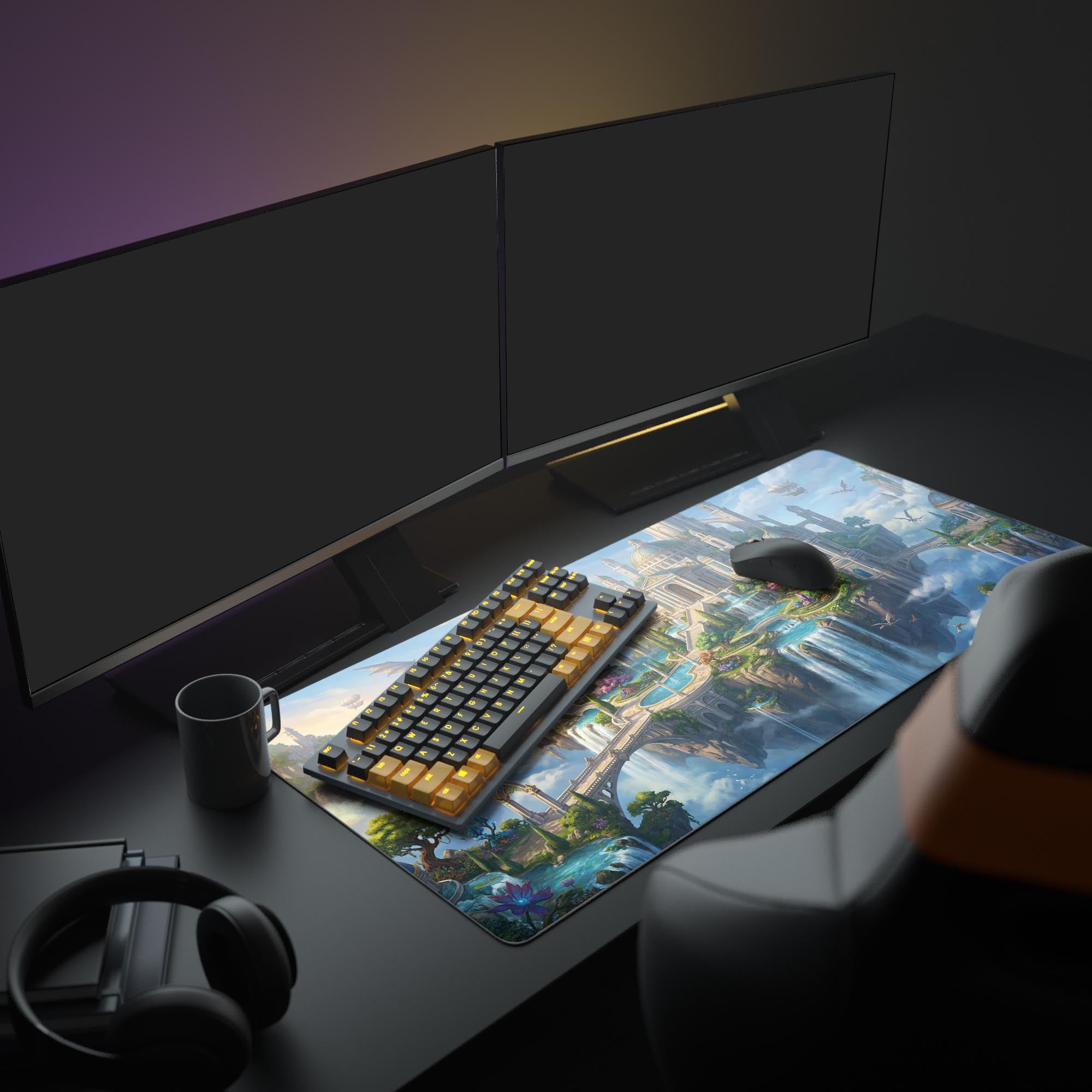 The Dragon's Aether Peak mouse pad shown in a full gaming setup, creating an immersive fantasy theme with a keyboard, mouse, and monitor. - Epic Design Pads & Mousepads