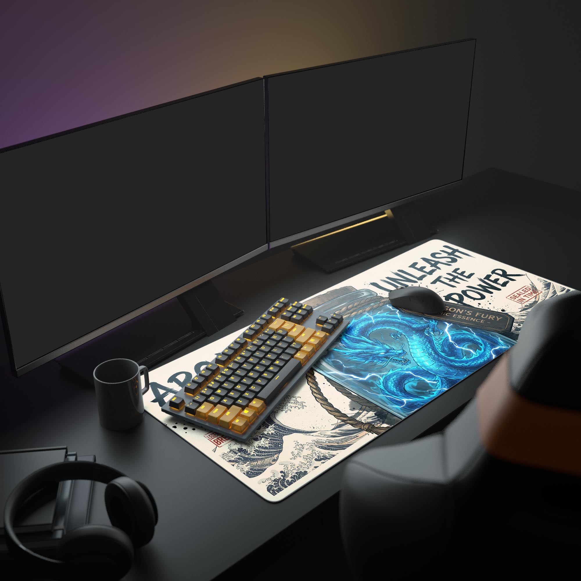 The Dragon's Brew gaming desk mat enhances a full PC setup, providing a large, artistic surface for a gaming keyboard, mouse, and monitor. - Epic Design Pads & Mousepads