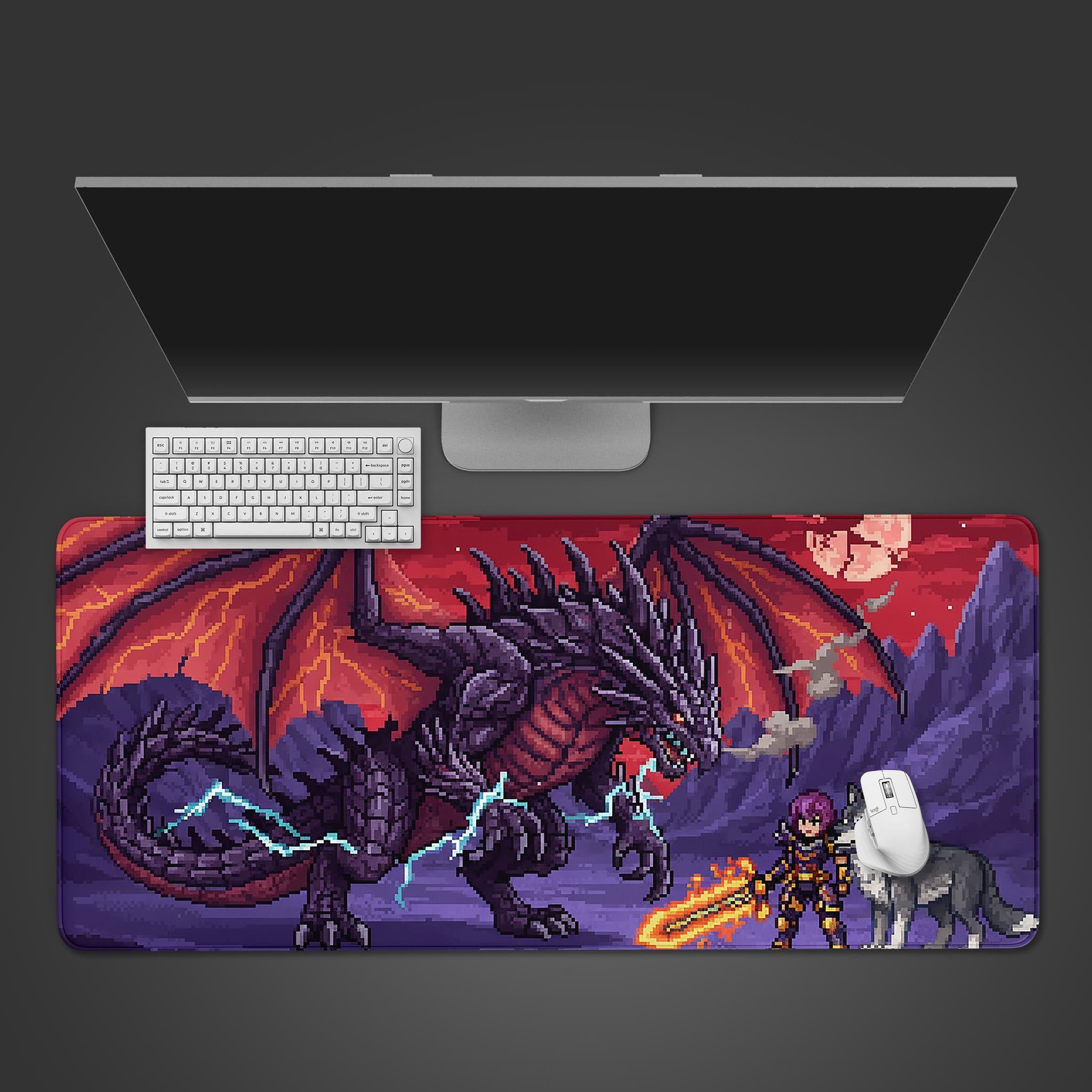 Dragon's Lair pixel art gaming desk mat with a hero fighting a dragon. Top-down desktop view with a gaming keyboard and mouse. - Epic Design Pads