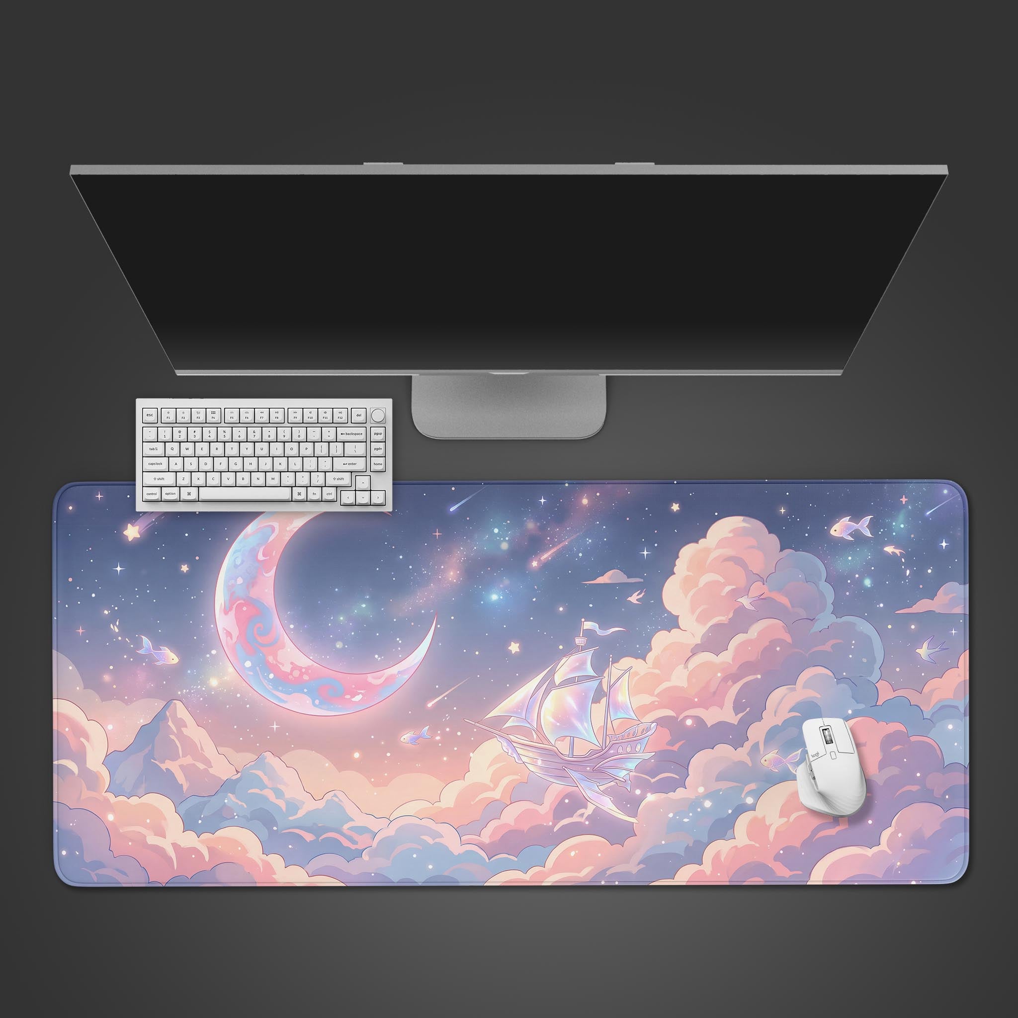 A pastel dreamy desk mat featuring a celestial flying ship, crescent moon, and fluffy clouds.